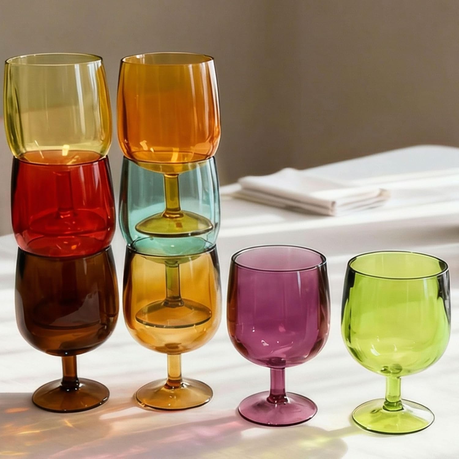 8.5 oz Plastic Stem Wine Glasses, Colored Stackable Acrylic Goblets, Reusable Drinking Cup for Kids, BPA-Free, Dishwasher Safe Tumblers for party (Set of 8, Gift Box)