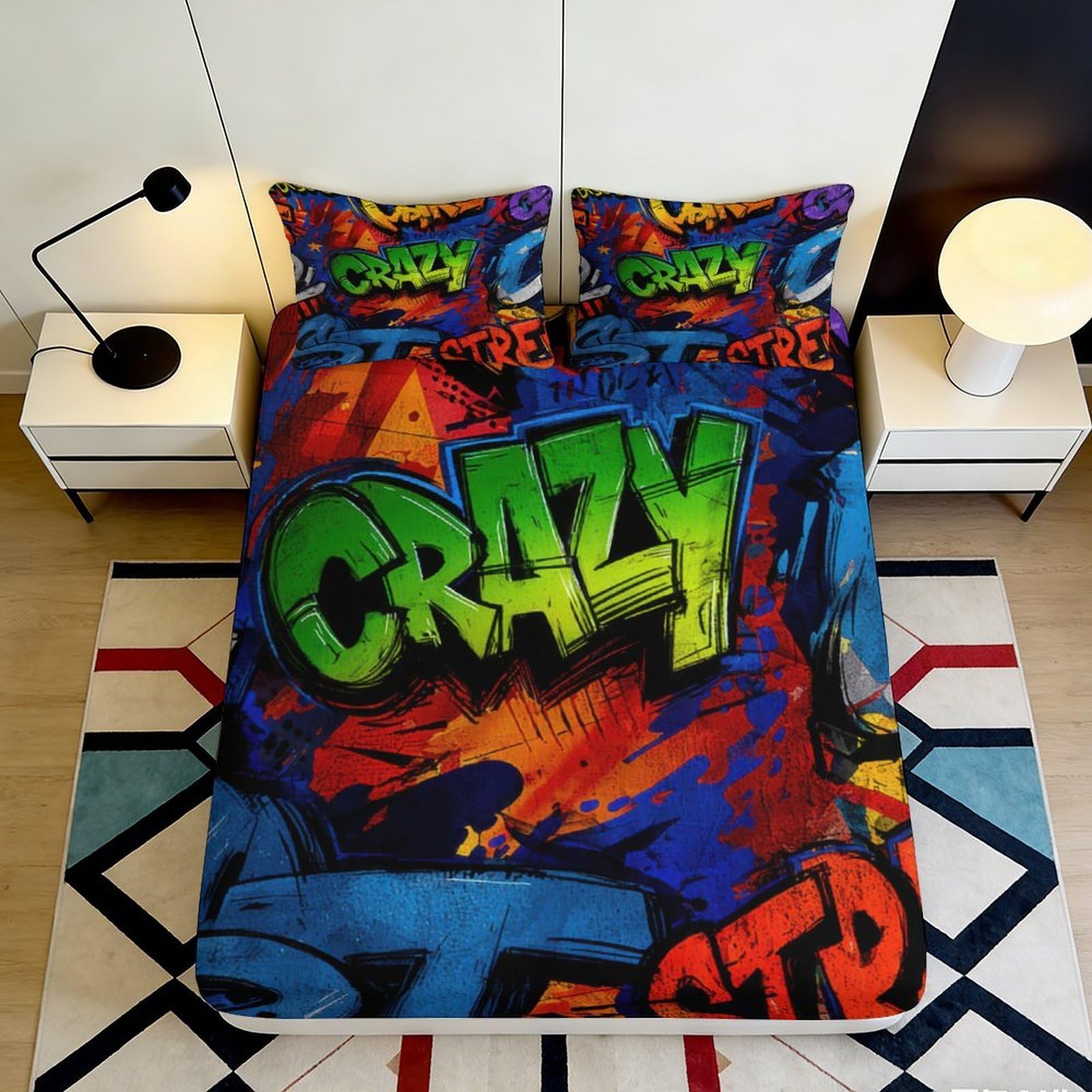 3D Printed Graffiti Street Art Fitted Sheet Microfiber Vibrant Urban Lettering Mattress Cover Bedroom Decor 160x200x25cm