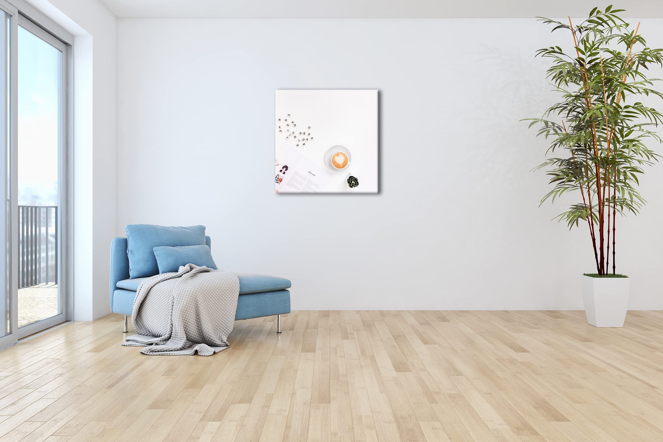 Café de la mañana en el trabajo Formato: 70 x 70 cm como lienzo, diseño listo enmarcado en marco de madera real, impresión digital de alta calidad con marco