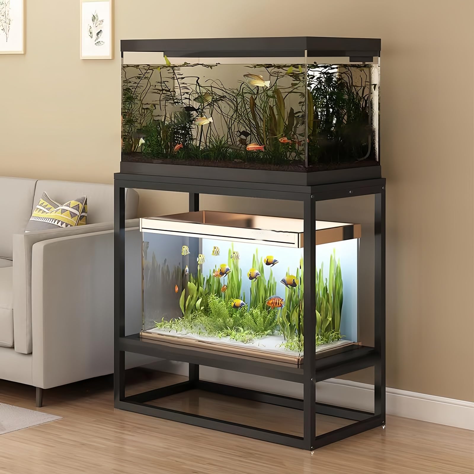 Supporto per Acquario in Metallo a 2 Livelli per impieghi gravosi - Robusto Supporto per acquari di Grandi Dimensioni, Eleganti Ripiani per la casa e L'Ufficio, Finitura Bianca, Perfetto per