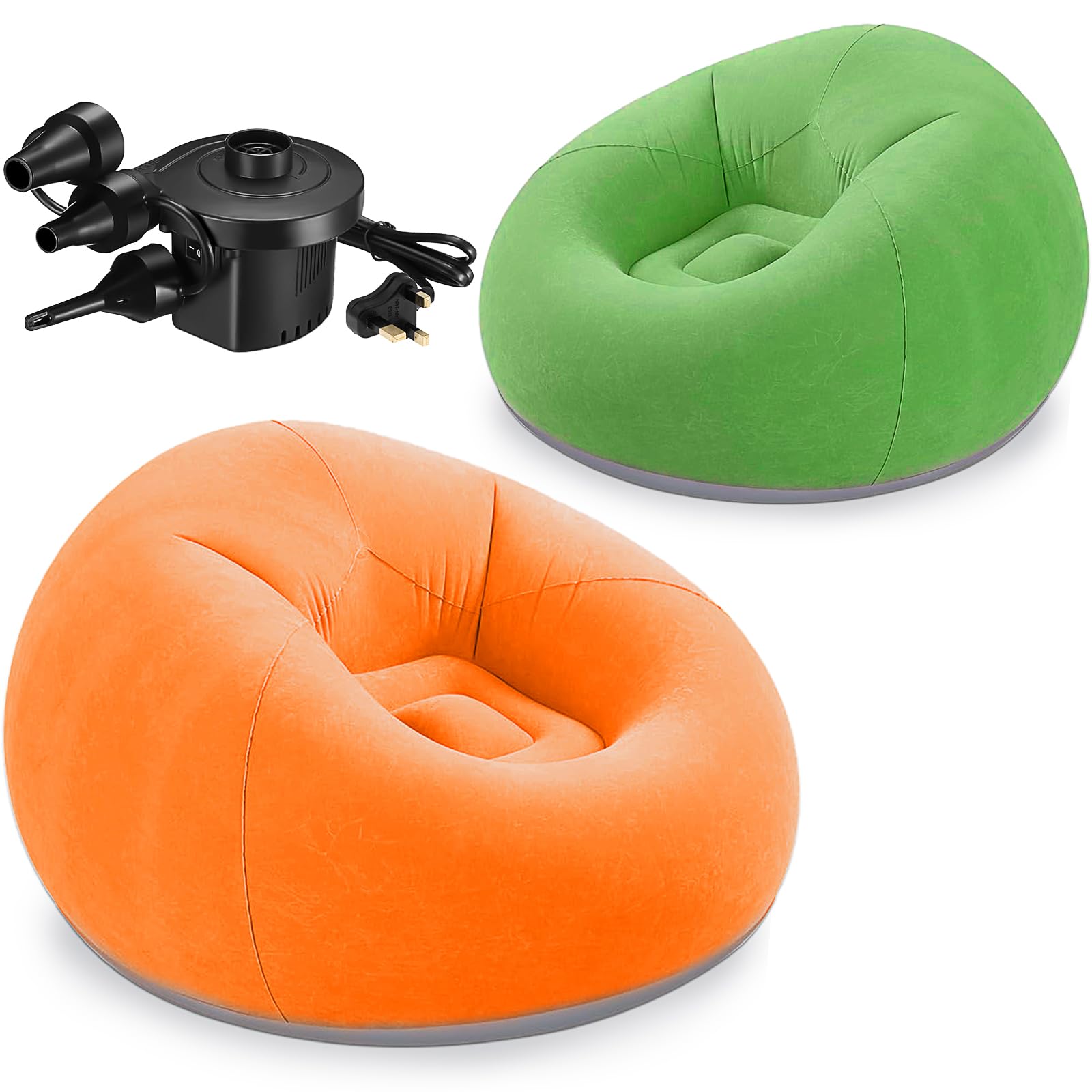 MSYU 2 Pcs Inflatable Bean Bag Chairs with Electric Air Pump, Portable Blow Up Sofa for Adults, Comfortable Lazy Couch for Camping, Gaming, Reading & Living Room (Green, Orange)