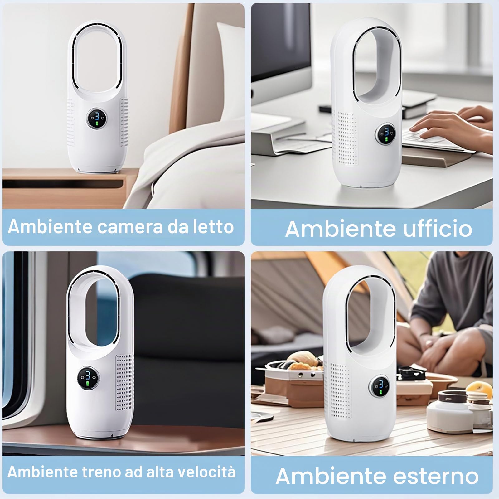 JOPWUE Ventilatore senza pale silenzioso senza fili,purificatore d'aria,ventilatore colonna,controllo tattile,3 velocità, oscillazione 80°,4000Mah,ricarica USB,per ufficio, soggiorno, camera da letto
