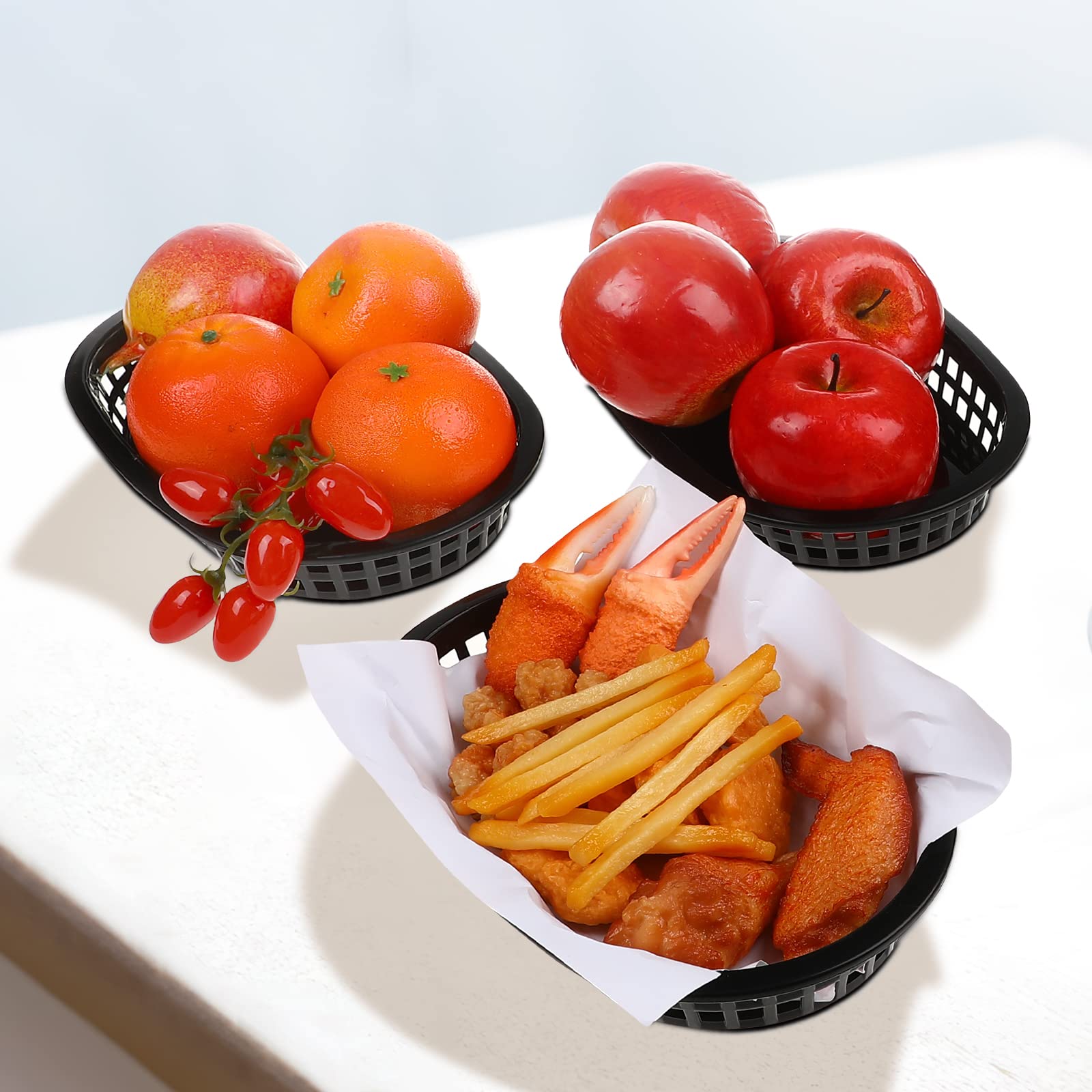 MUKCHAP Lot De 60 Paniers De Restauration Rapide Ovales Classique En Plastique Noir, Food Pankets Fries Burger Paniers, 23 X 14,5 X 4 Cm