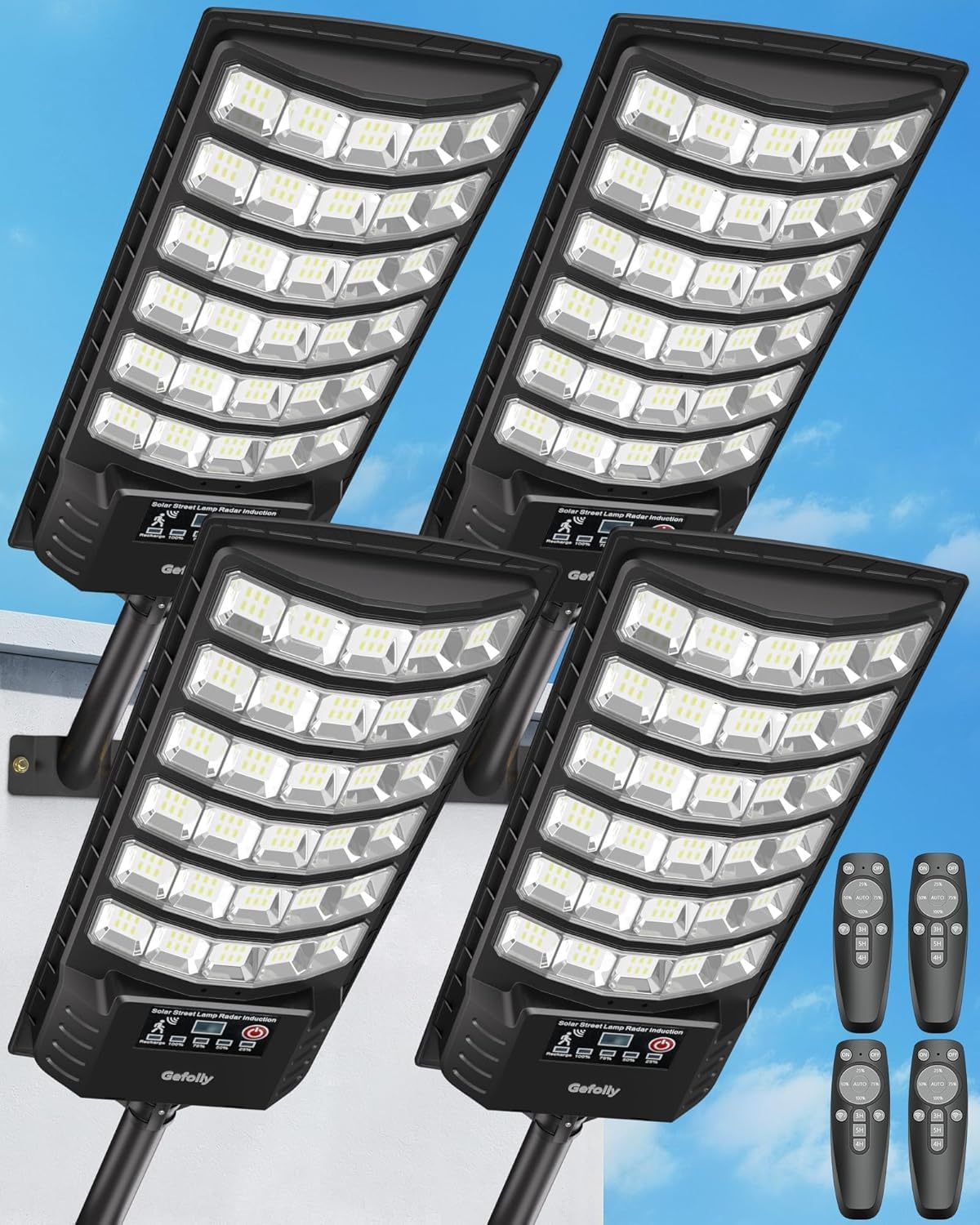 Gefolly Lampadaire Solaire Exterieur, 6500K Lampe Solaire Puissante avec Télécommande, IP67 Étanche Spot LED Extérieur Detecteur Pour Rue Garage Éclairage Public-4Pack
