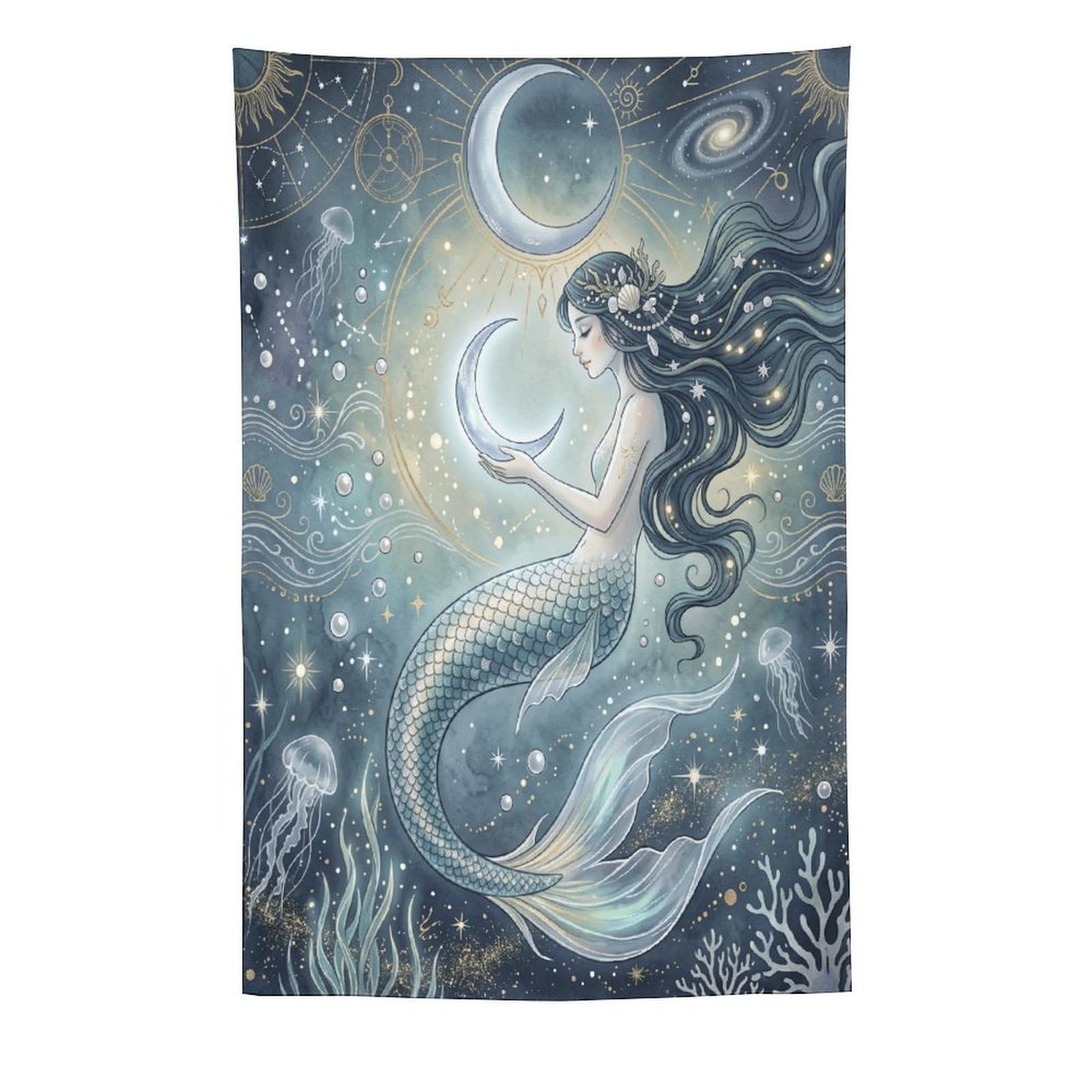 W7C8U2X3 Moon Mermaid Cosmic Ocean Wall Tapestry, Art Nouveau Fantasy