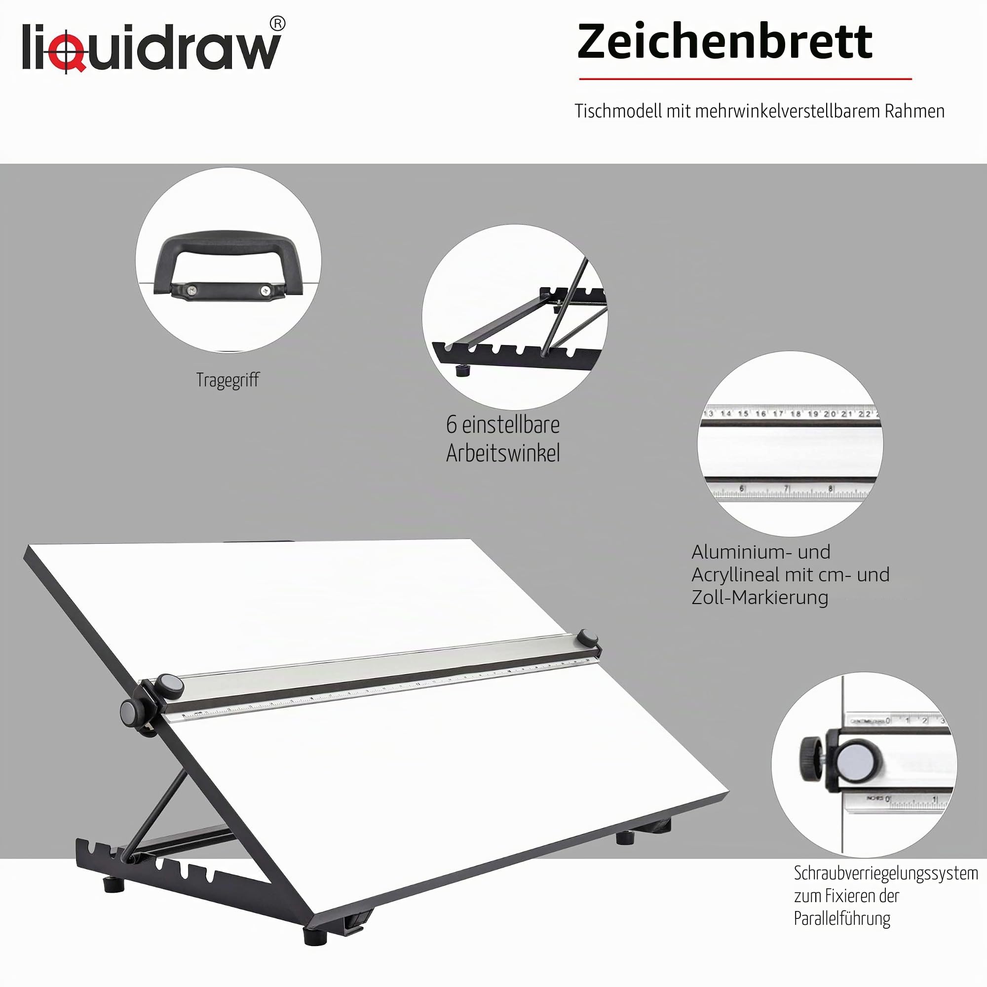 Liquidraw TTM02 Parallel Motion Zeichenbrett, A2, mit 5 verstellbaren Arbeitswinkeln, Clips und quadratischem Quadrat, Weiß