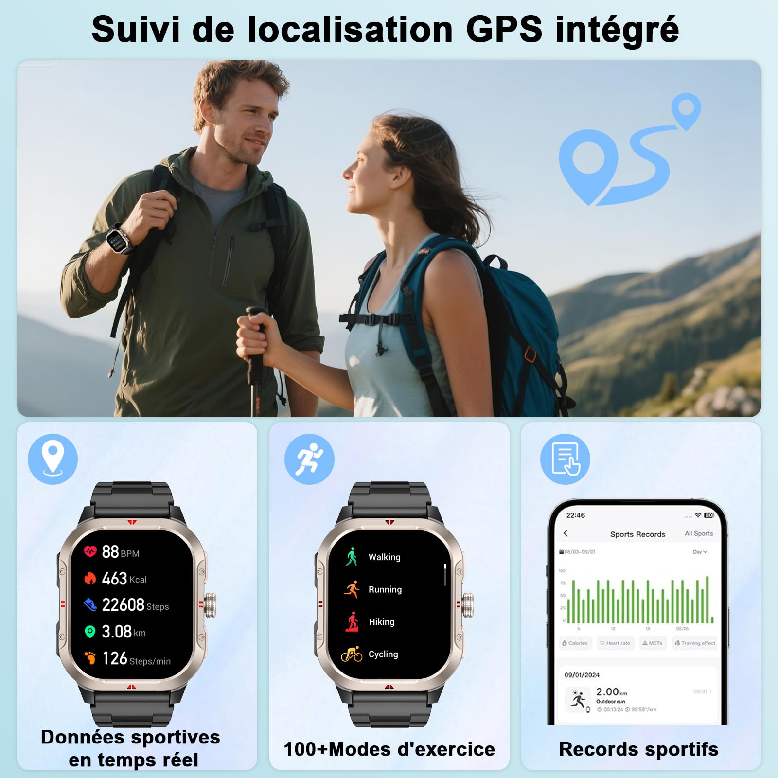 Smartwatch Homme Femme avec GPS Intégré, Appel Bluetooth, 110+ Sportifs, IP68, 2.06" HD pour Android iOS