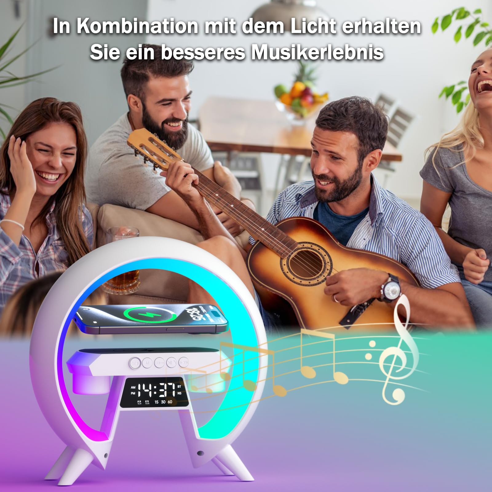 Lampe D'Ambiance Bluetooth 4-en-1 - Enceinte, Veilleuse LED Multicolore, Chargeur Sans Fil 15W - Cadeau Adolescents
