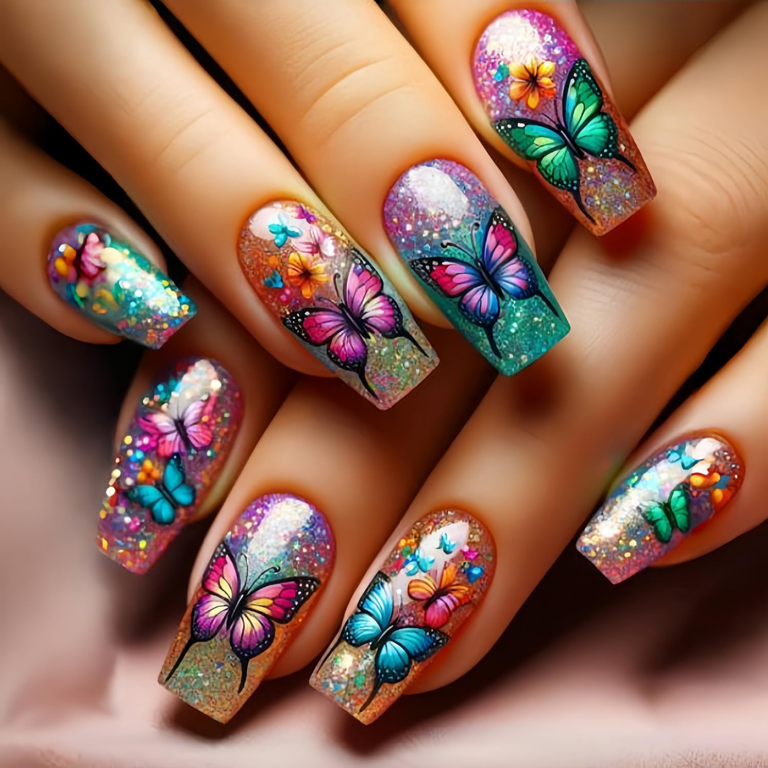 Butterfly Press on Nails Medium Square Colorful Smudge Gradient False Nail Press Ons with Flower ButterfliesDesign Full Cover Glitter Stick on Nails