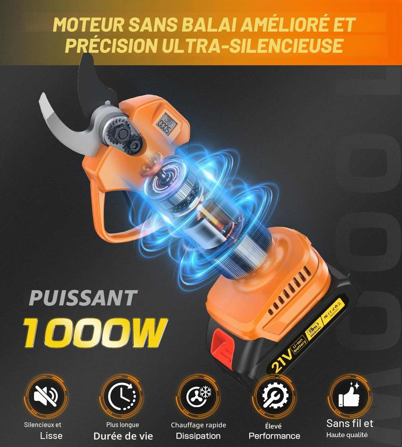 Sécateur Électrique Sans Fil, 4000mAh 35MM Secateur a Batterie avec Écran LED, 1000 W Moteur Sans Balais Secateur Electrique avec 2 Batteries de 2000mAh pour Jardin, Arbres Fruitiers,Vignobles, Haies