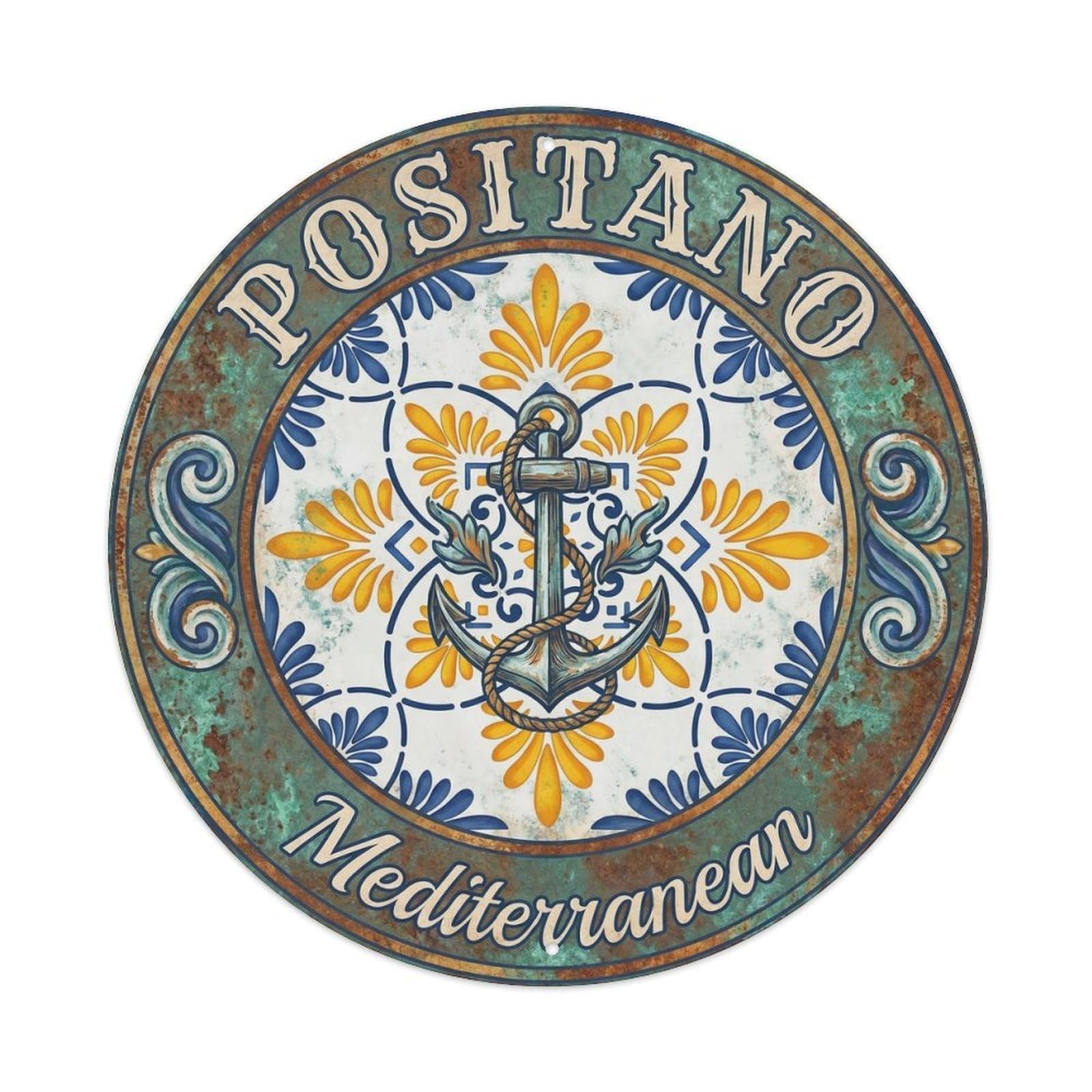 Positano Coastal Mediterranean Amalfi Riviera Italy Metal Tin Sign Plaque Wall Decor for Cafe, Man Cave, Club Bar, Office, Home Garden Round Metal Poster 8x8Inch