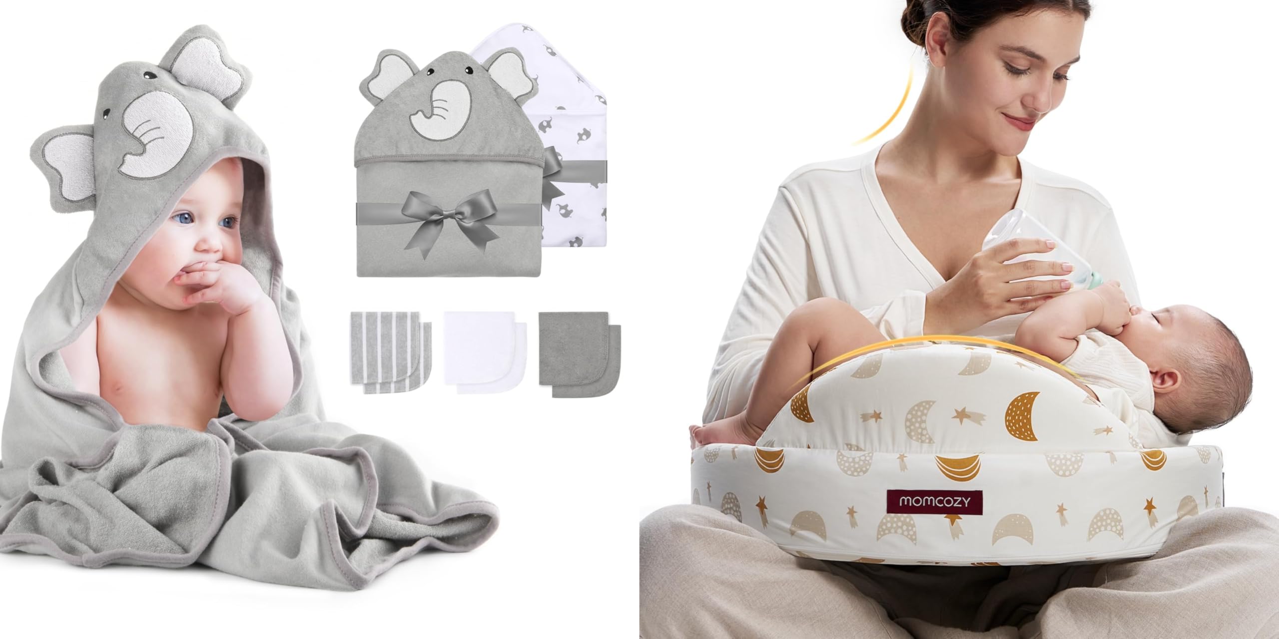 momcozy Set Asciugamani per Bambini 8 pz con Cappuccio, 2 Accappatoi Neonato 76x76 cm + 6 Quadrati Cotone 24x24 cm, Morbido e Super Assorbente, Cuscino per Allattamento con Sponde di Sicurezza, Memory