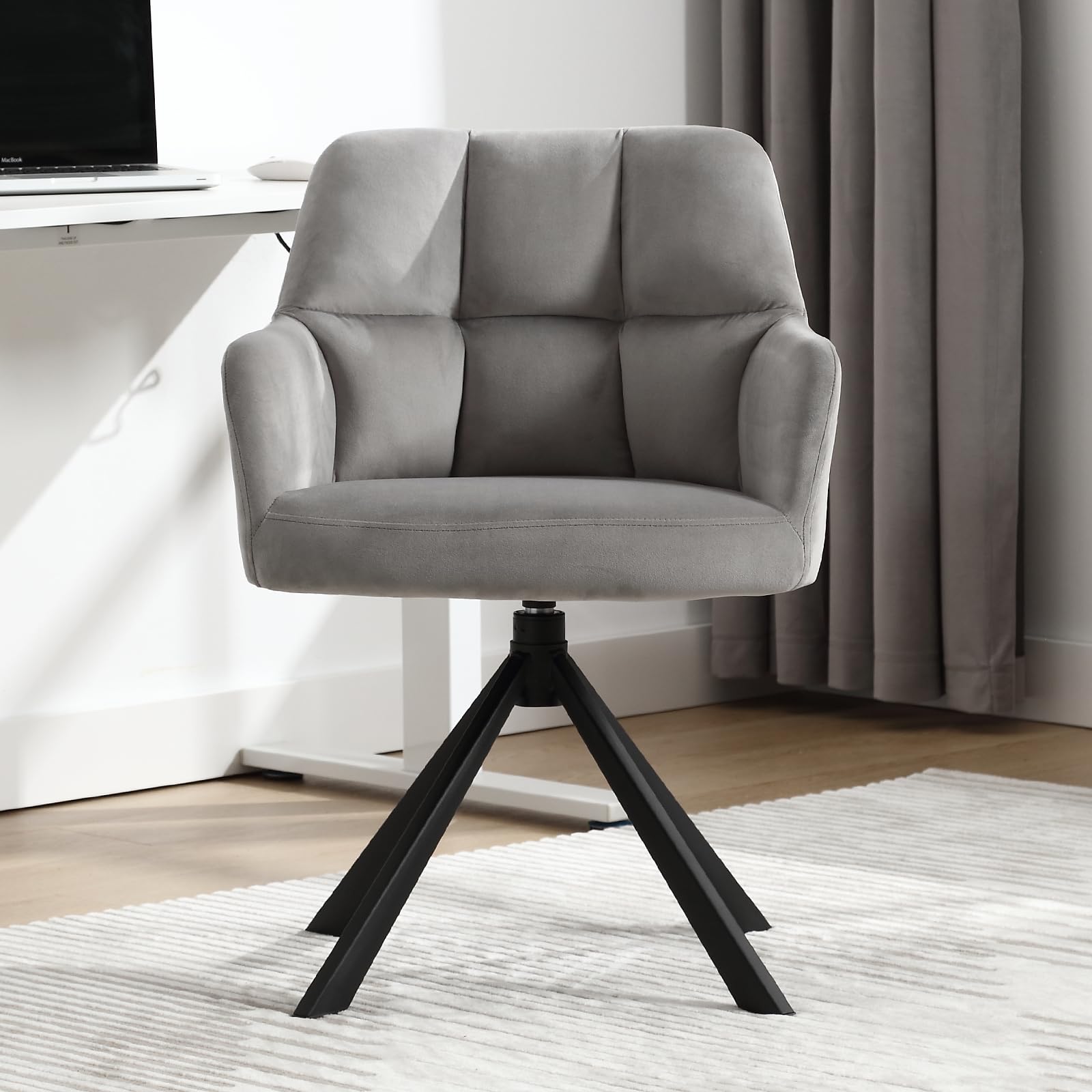 chairus Silla Escritorio de Terciopelo Silla Pequeña de Oficina Giratoria, Silla Computadora Ocio con Patas Metálicas para Recepción/Despacho, Gris