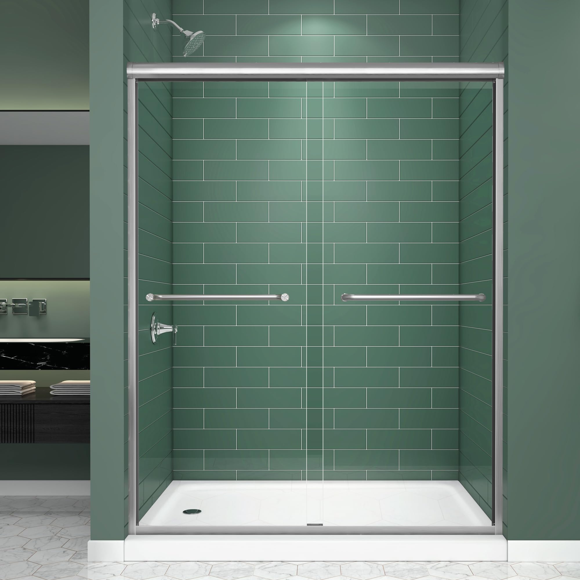 Double Sliding Shower Door 49-49-54" W x 70" H, Brushed Nickel, Bypass Shower Door, Clear Glass, Framed, 1/4" (6mm) Tempered Glass