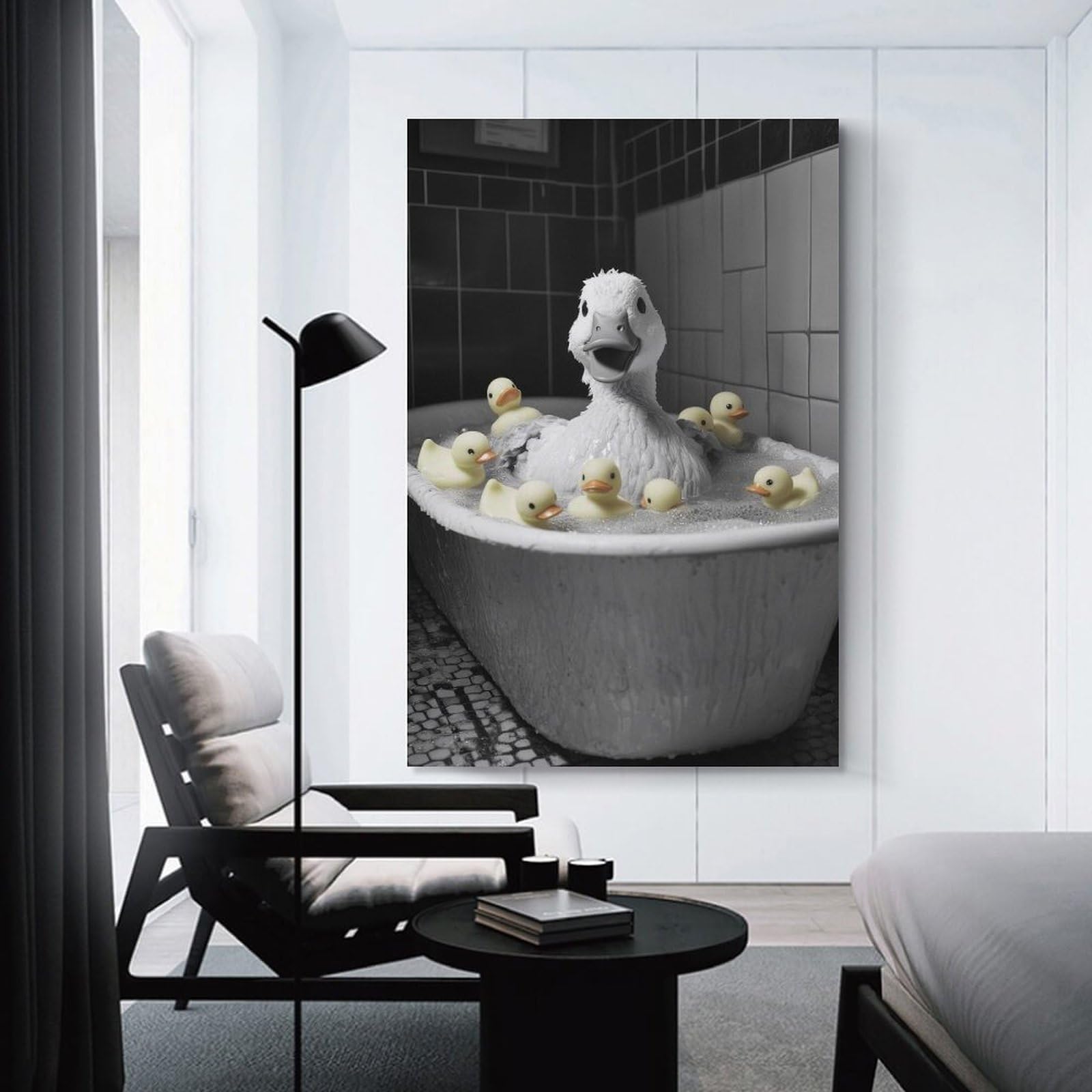 Junmoney Duck Bath Time Hanging Wall Art, 24x36inch(60x90cm), for Bedroom, Guest Room Or Reading Nook, Home Artwork with A Soft Interior Feel