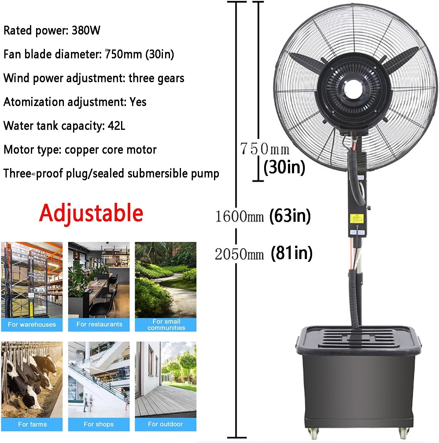 Oscillating Misting Fan, Floor Fan with 42L Water Tank, Outdoor Fan Industrial Fan Pedestal Fan With universal pulley, Water Mist Cooling Spray Fan, 3 Speeds; Oscillation Fan---90°/45°(Adjustable,750m
