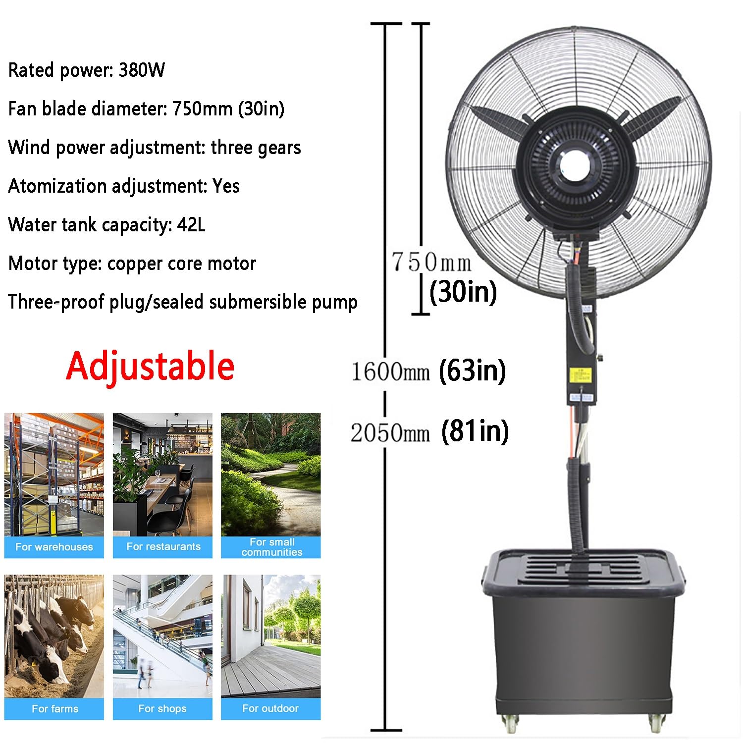 Ventilatore nebulizzatore da esterno, ventilatore a piantana oscillante professionale con 3 velocità per giardino e patio(650mm (26in),Adjustable)