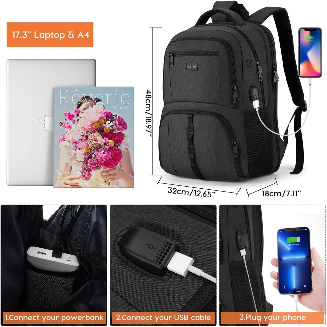 YAMTION Gym Backpack for Men Women with Shoe Compartment,17,3 Inch Bookbag for Boys with USB Port for Workout College Sport