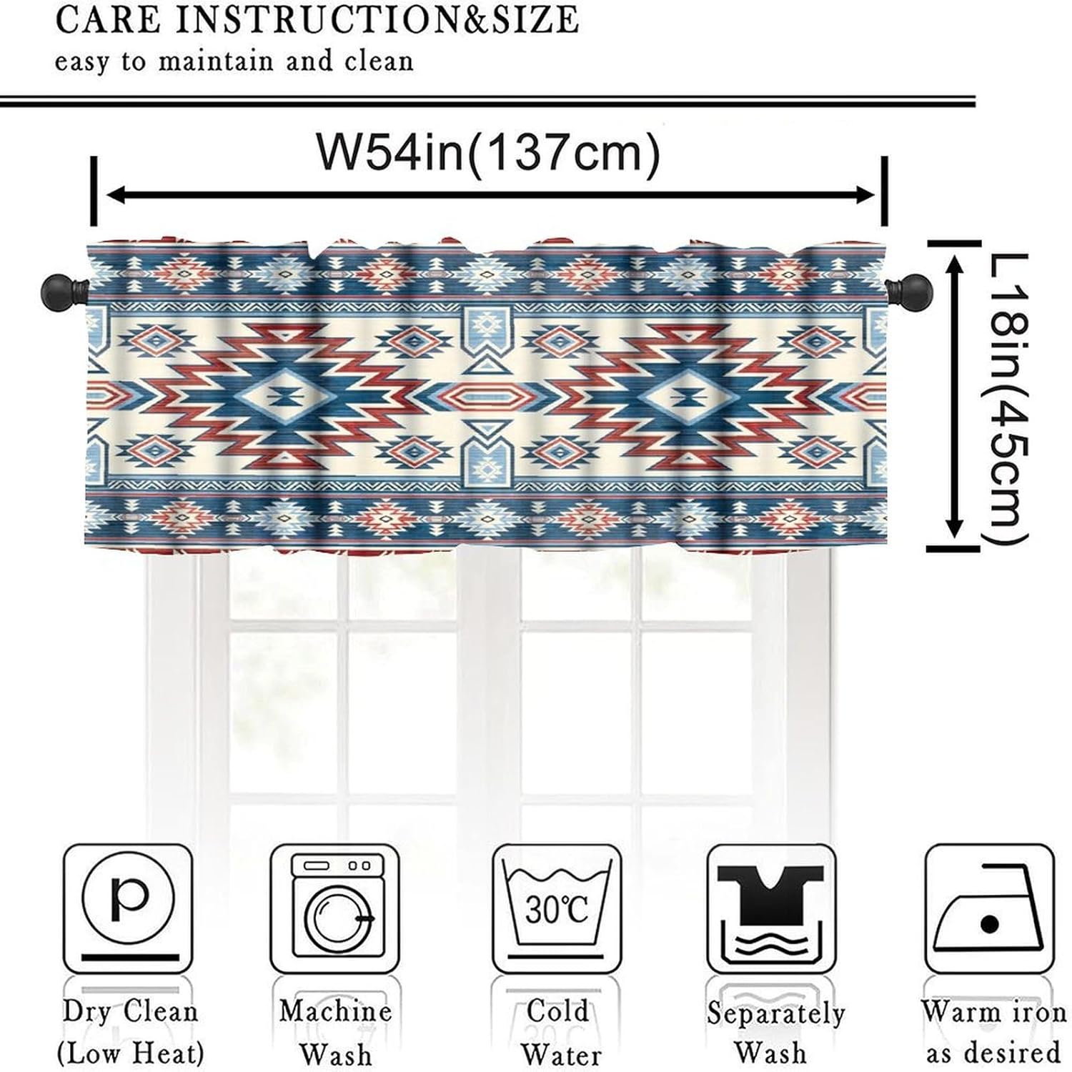 Aztec Valance Curtain for Kitchen, Window Treatment Southwestern Ethnic Aztec Tribal Bohemian Patterm Rod Pocket Drapes for Living Room Bedroom Cafe Decor 54x18inch - Image 2