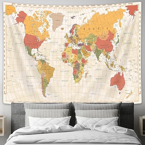 Drgilau Tapiz de mapa del mundo para colgar en la pared, decoración de pared vintage de Asia Europa, ciudad del sur, Estados Unidos, África, Japón,