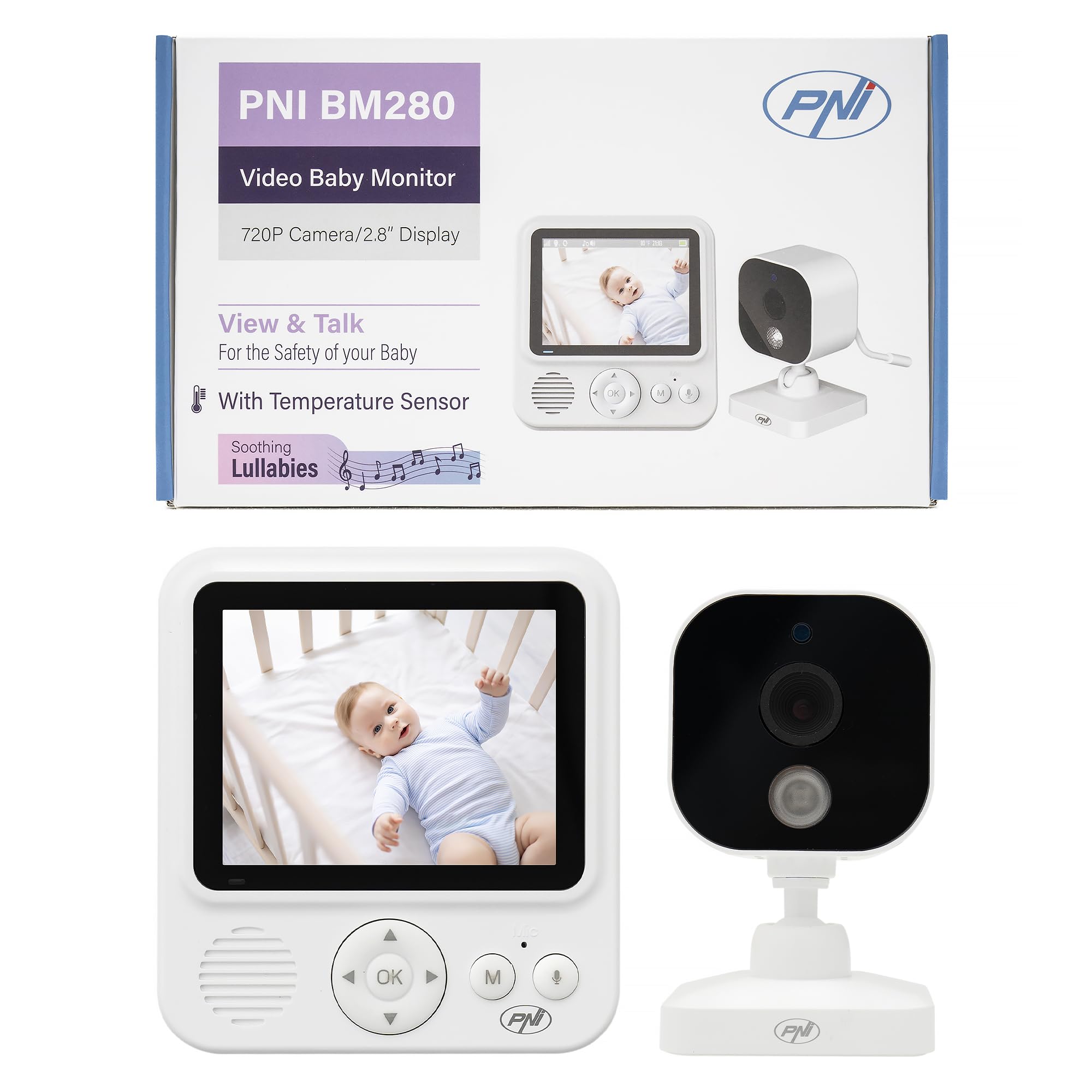 PNI Monitor de Video para bebé BM280 Pantalla de 2.8 Pulgadas inalámbrico 2.4 GHz, Sensor de Temperatura, VOX, visión Nocturna, función de Zoom, Canciones de Cuna