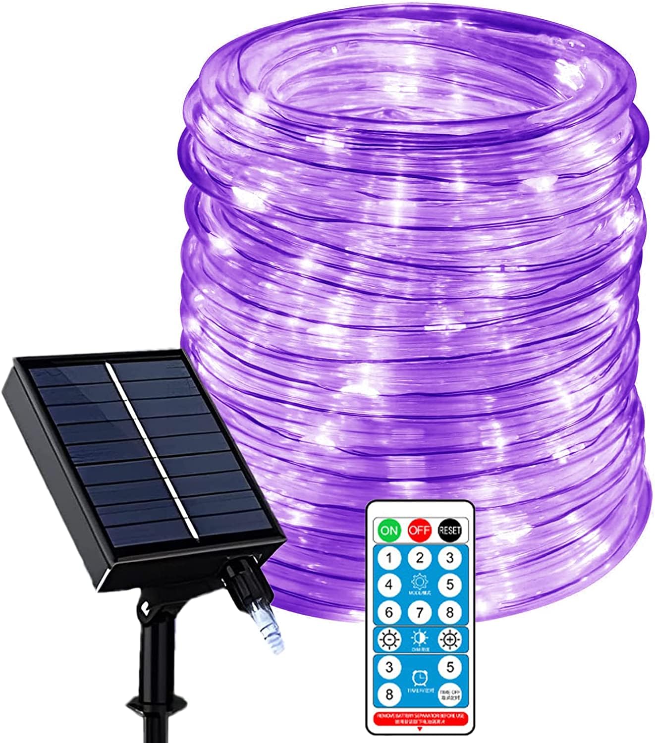 32 m, 300 LED, catena di luci solari per esterni, impermeabile, con telecomando, timer, striscia LED, dimmerabile, tubo solare, decorazione stringa, luci solari di Natale (viola)
