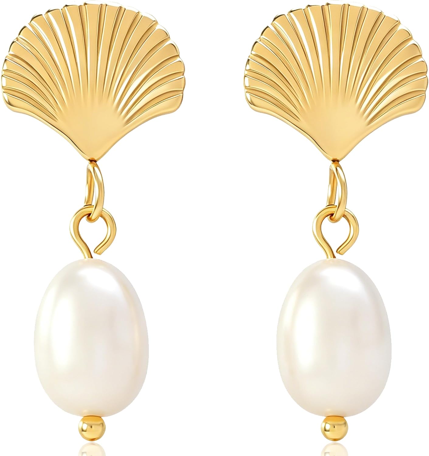 Pearl Earrings VeroSteel Dangle Earrings for Women, Dainty 14k Gold Huggie Hoop Earrings with Pearls, Trendy Pearl Drop Earrings, Stainless Steel Hypoallergenic Stud Earrings For Sensitive Ears