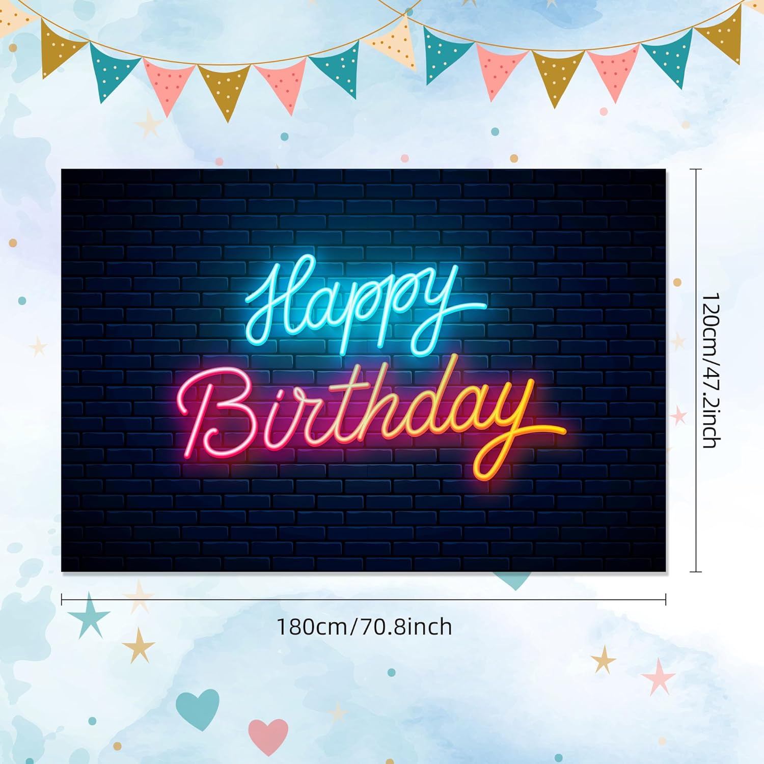 Neon Happy Birthday Backdrop Banner Cool Glow Neon Theme Background Decor for Men Women Boys Girls Birthday Party Let’s Glow Party Celebration Decoration Photo Booth Props Supplies 70.8x47.2in-BECKTEN - Image 8