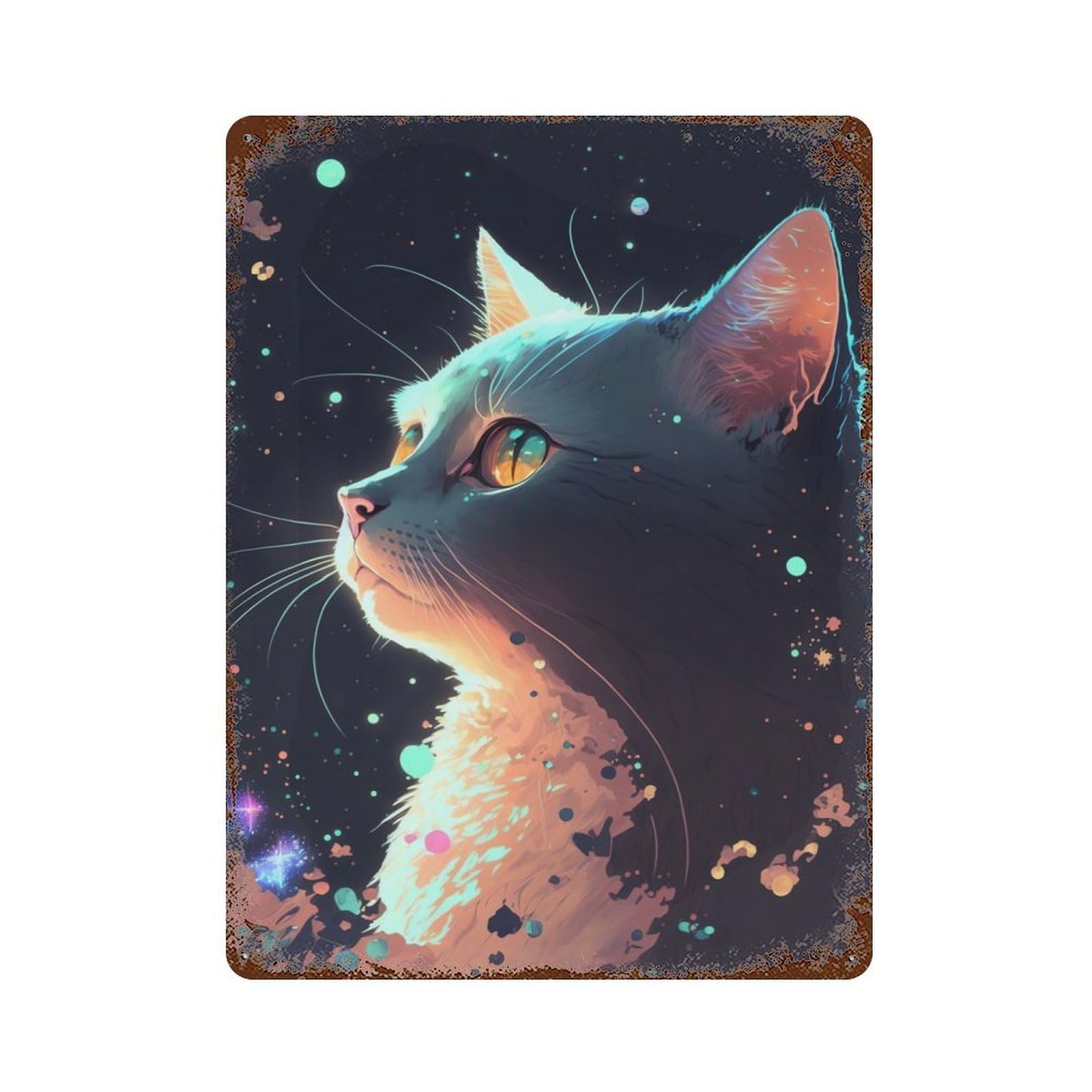 Distressed Metal Wall Sign with Cat in The Stars Design 15.7"x11.8", for Office, Studio And Wall Decor, Industrial Home Decor