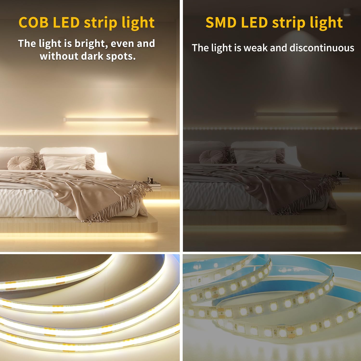 COB LED Strip Lights 3000K 65.6ft DC 24V Dimmable White Flexible LED Tape Light for Bedroom, with Remote and app Control LED Tape Lights CRI90+,forLiving Room, Shelf, Cabinet Home Decoration