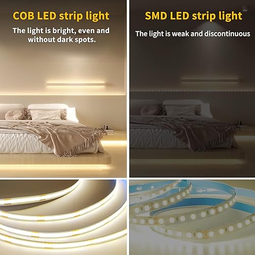Miniatura 5 de COB Tira de luces LED 3000K 65.6ft DC 24V regulable blanco flexible luz de cinta LED para dormitorio, con control remoto y aplicación, luces de