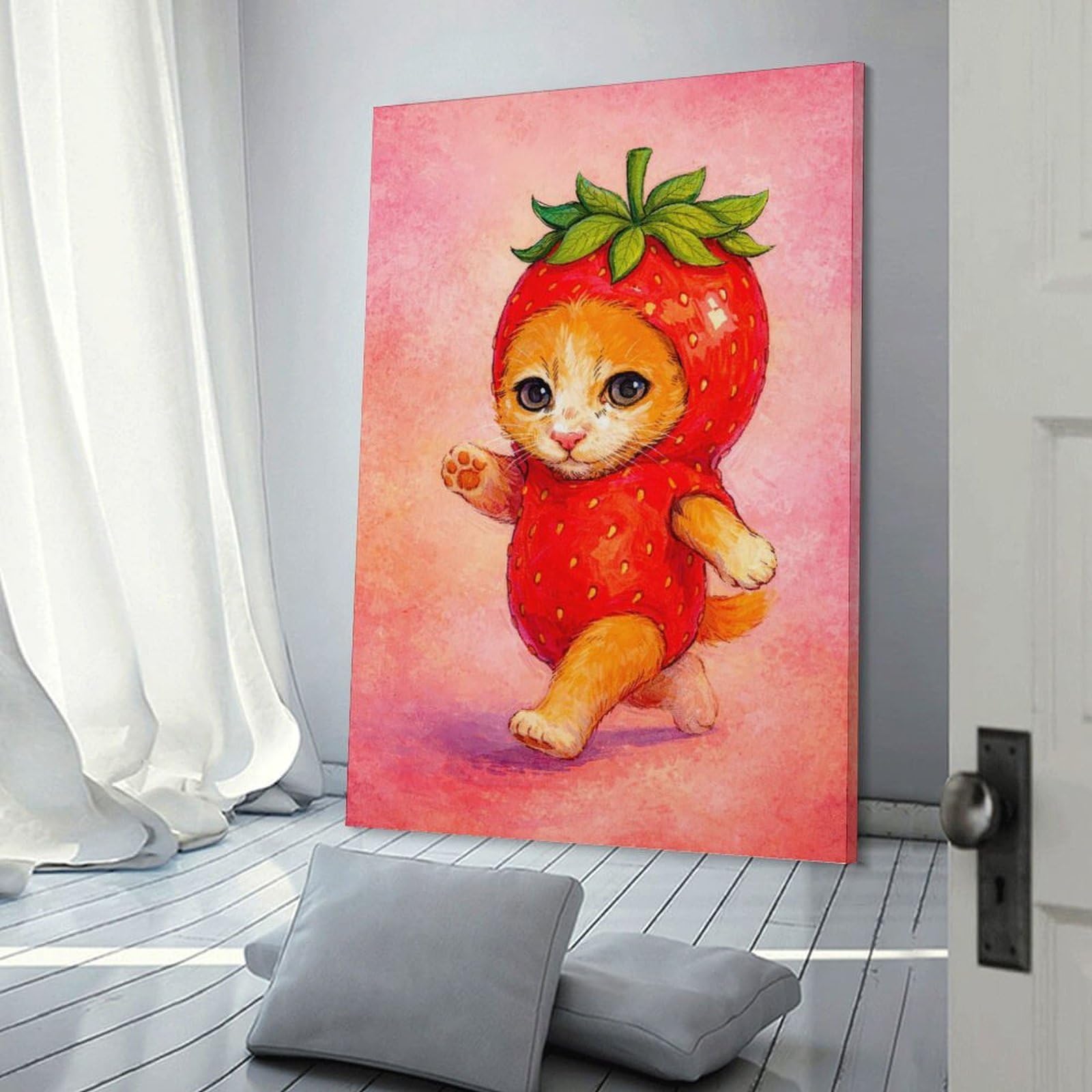 Junmoney Kitten in Strawberry Costume Decorative Canvas Print 20x30inch(50x75cm), for Apartment Walls, Studios Or Work Areas, Home Artwork for Modern Interiors