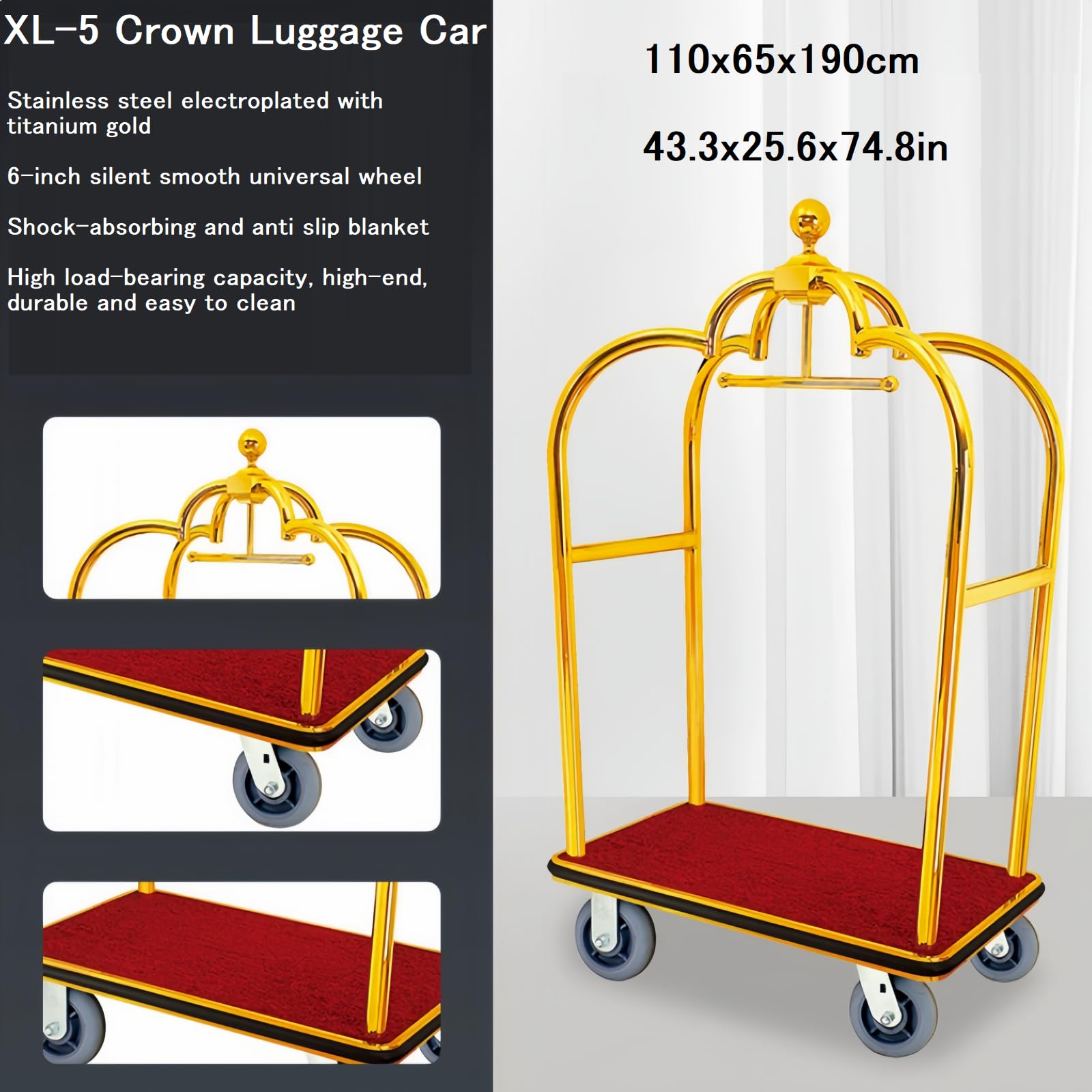 Carro de Equipaje de Hotel/Carro de Servicios/Carro de Mano de Hotel, Capaz de soportar hasta 1200 Libras, con Ruedas de Goma silenciosas de 6 Pulgadas, Utilizado en Espacios comerciales