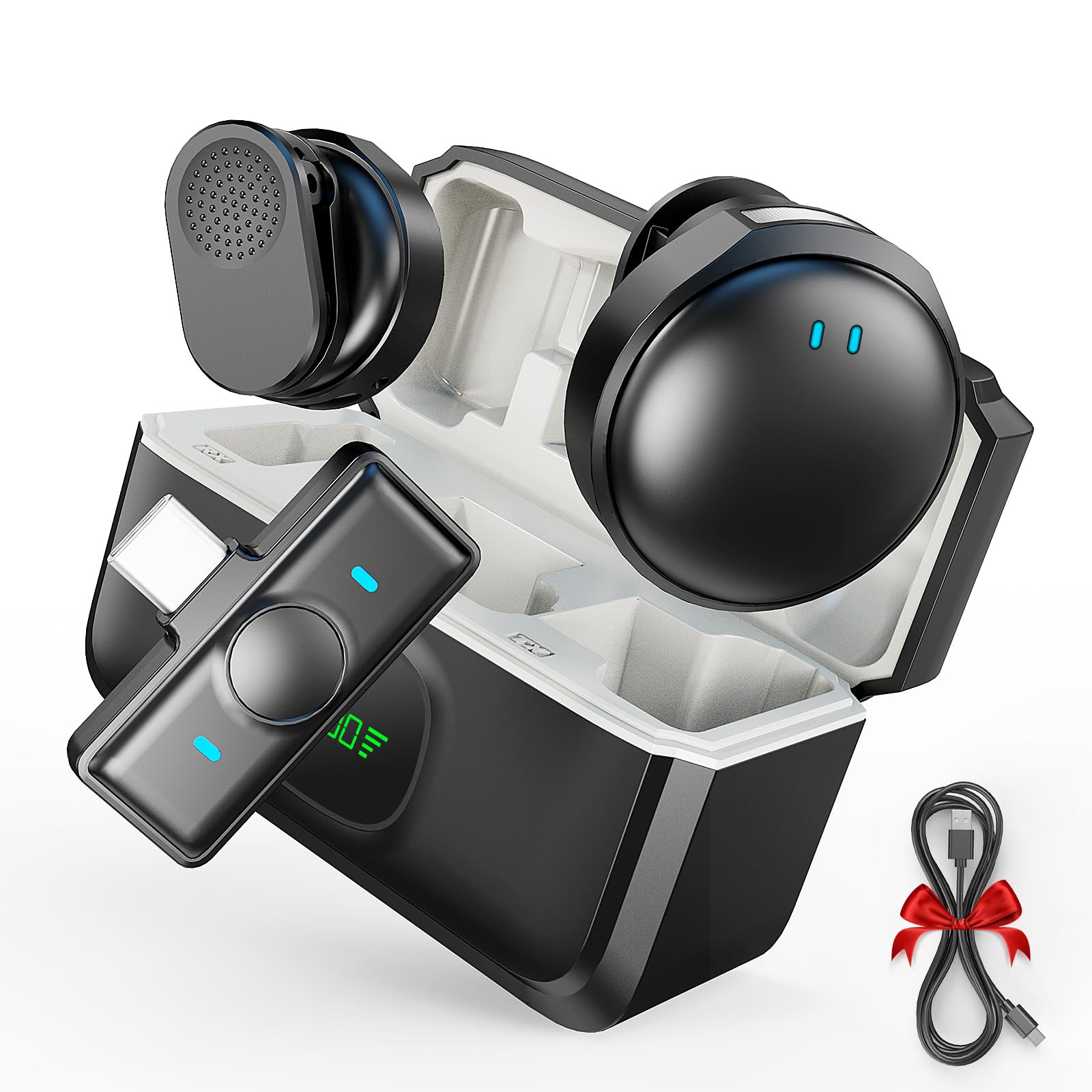 HHD Wireless Lavalier Microphone System with Charging Case, 1 Click Noise Canceling, 2.4GHz ISM for 12Hrs Uncompressed Audio Lapel Mic Compatible with iPhone, Android,PC, Camera