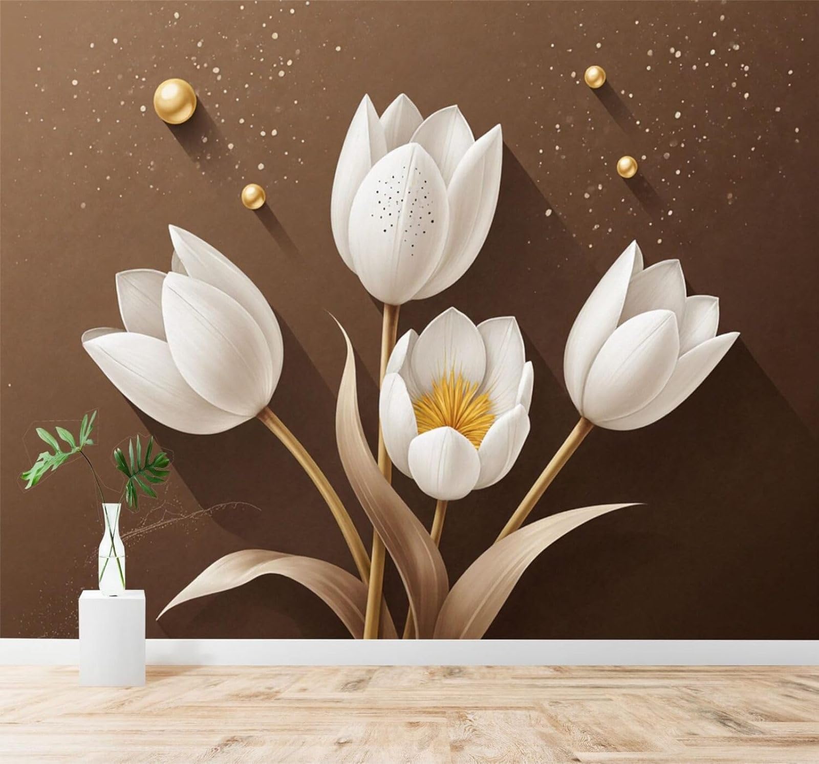 XLMING Three Dimensional White Tulip Flowers Brown Background Gold Accents 3D Wallpaper Premium Textured Silk Study Dining Living Room Bedroom Sofa TV Wall Easy Install-400cm×280cm