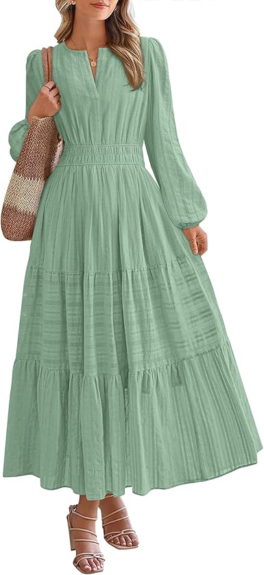 BTFBM Fall Dresses for Women 2025 Casual Long Sleeve V Neck Elastic Waist Lightweight Maxi Wedding Guest Dress Pockets