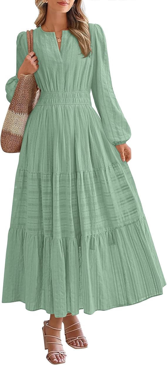 BTFBM Fall Dresses for Women 2025 Casual Long Sleeve V Neck Elastic Waist Lightweight Maxi Wedding Guest Dress Pockets