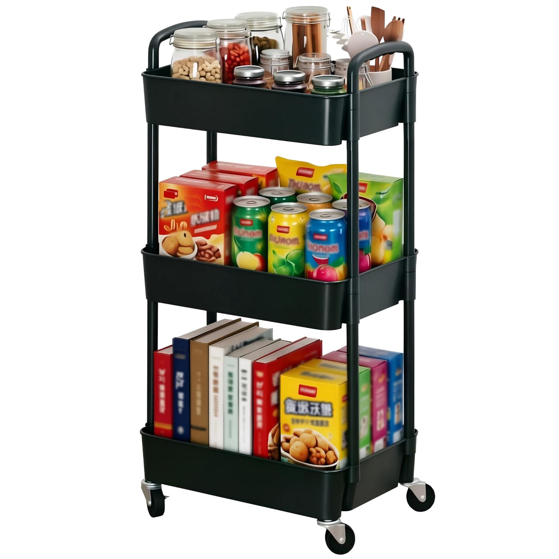 Sywhitta 3-Tier Plastic Rolling Utility Cart with Wheels for Storage,Black