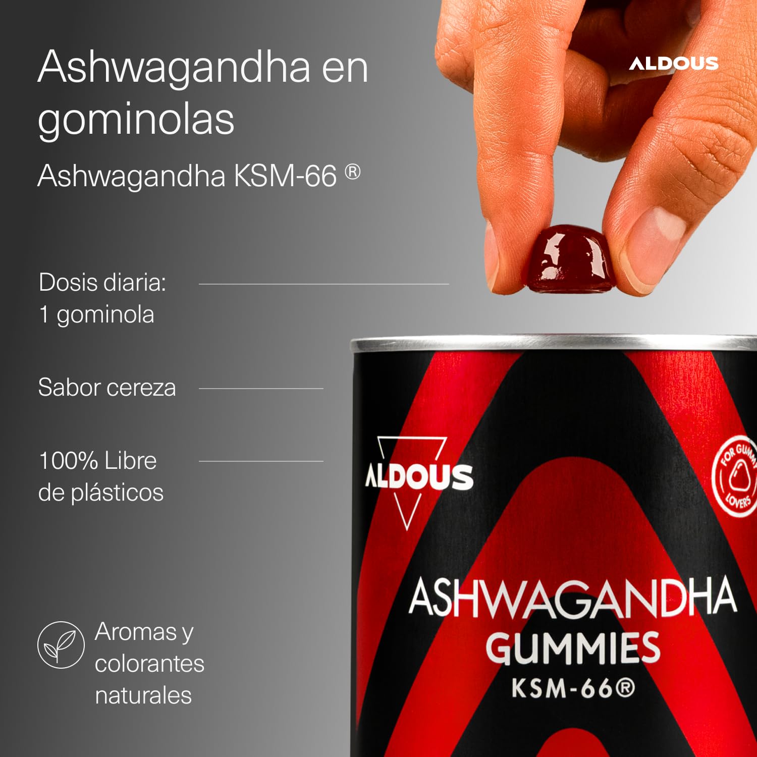 Ashwagandha Gominolas - 120 Gummies sabor Cereza - Ashwagandha KSM-66 - Withania Somnífera - Relajación Natural y Bienestar - Energía y Vitalidad - Para los amantes de las gominolas - ALDOUS
