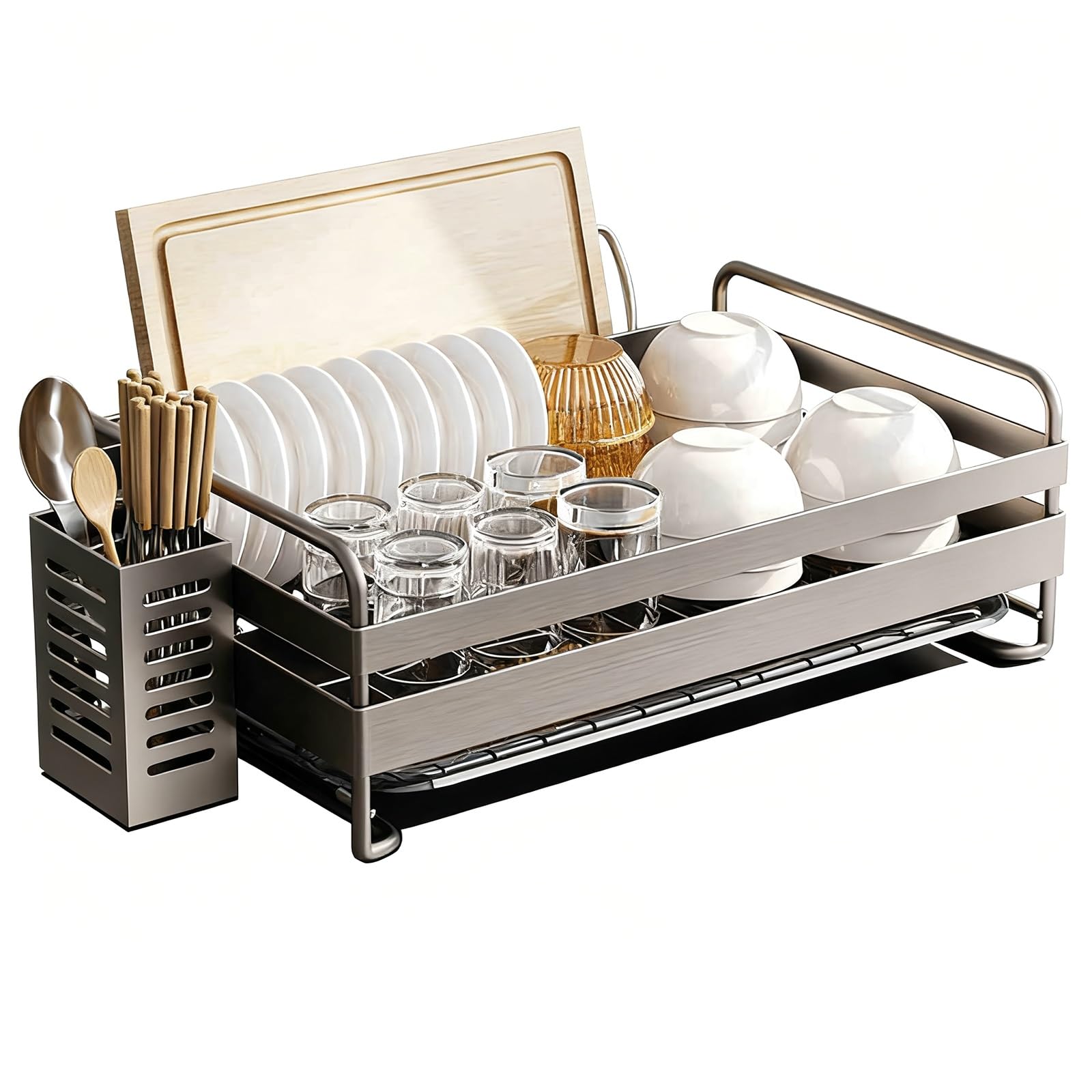 Dish Drying Rack for Kitchen Counter Stainless Steel Kitchen Caddy Sink Organizer with Chopstick Holder and Cutting Board