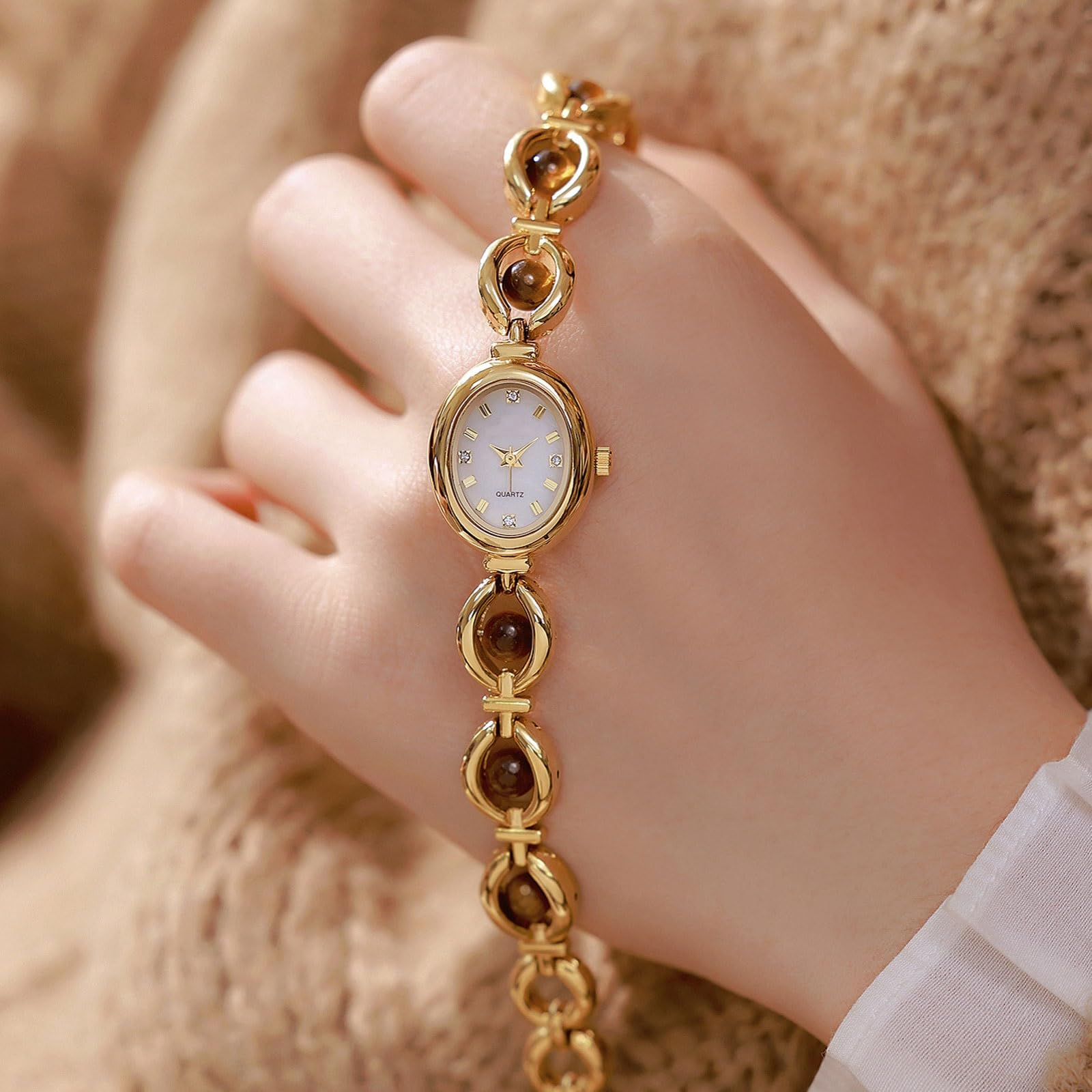 Montre élégante for Femme, Cadran Ovale en Pierre Naturelle œil de Tigre, Bracelet étanche Vintage, Cadeau Tendance for Femme(Gold Plate)