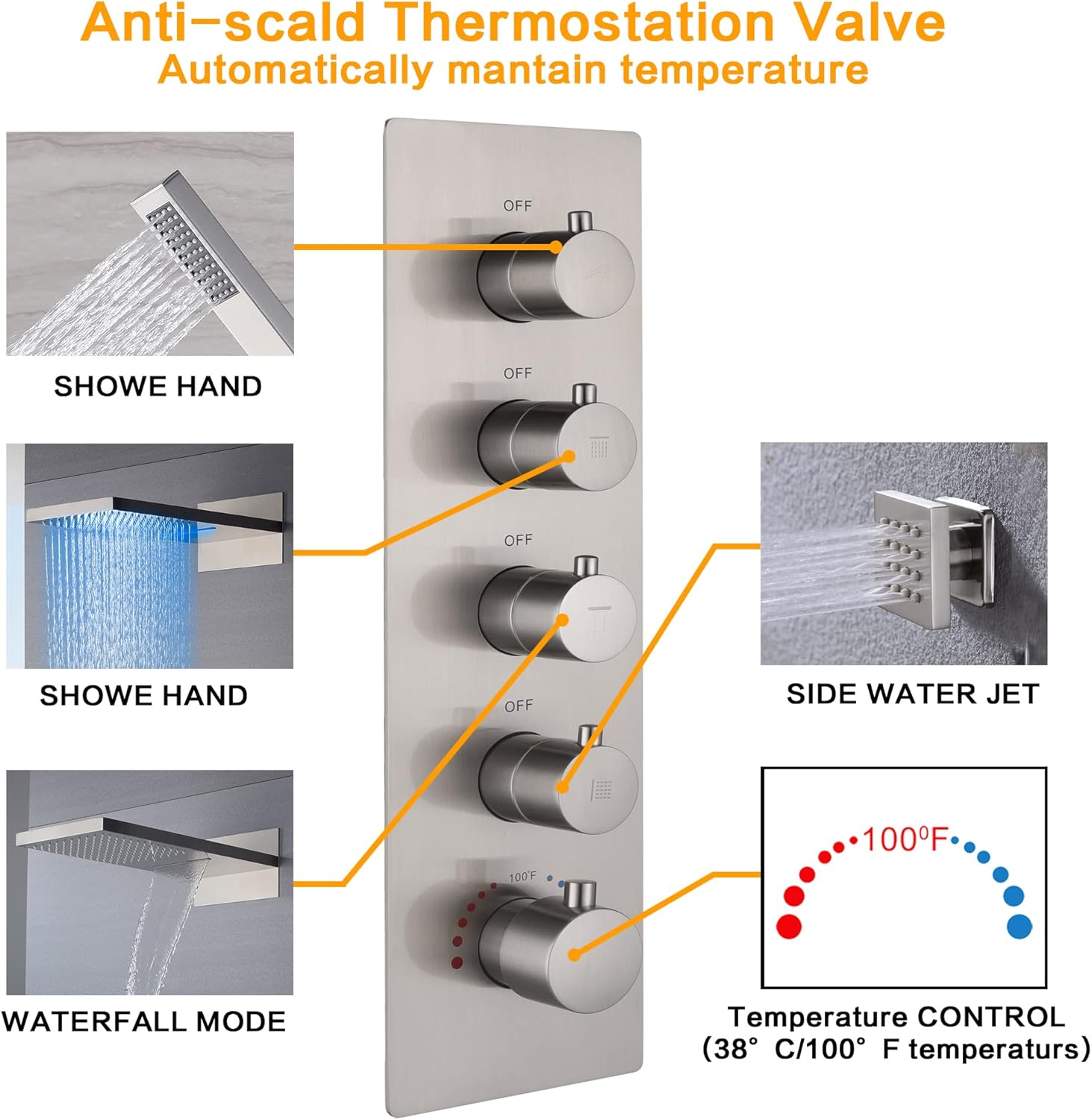 Cascada 9"x22” Modern LED shower system (Wall Mounted) with built-in Bluetooth Speakers, 4 function (Rain, Waterfall, body jets & Hand Shower) & 64 Color LED Lights (Brushed Nickel)