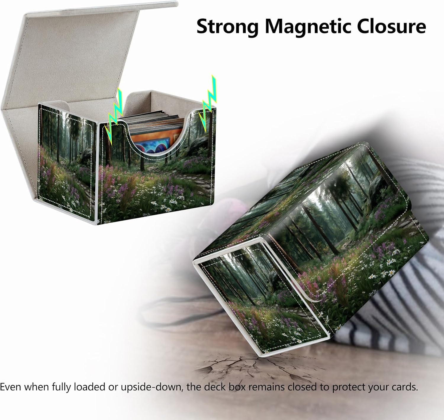 Strong Magnet for TCG MTG Commander Deck Box Playing Card Case Organizer Trading Card Case Creative Pattern Trading Card Storage Box for Collectible Games Up to 200 Cards, Forest Wildflowers