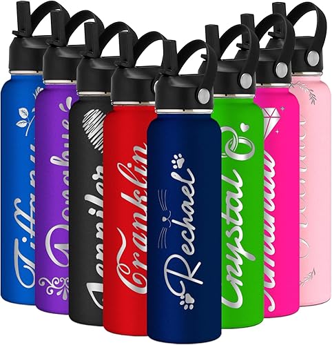 Busparst Botella de agua grabada personalizada aislada con pajilla, botella de agua deportiva personalizada con nombre, botella de agua de acero