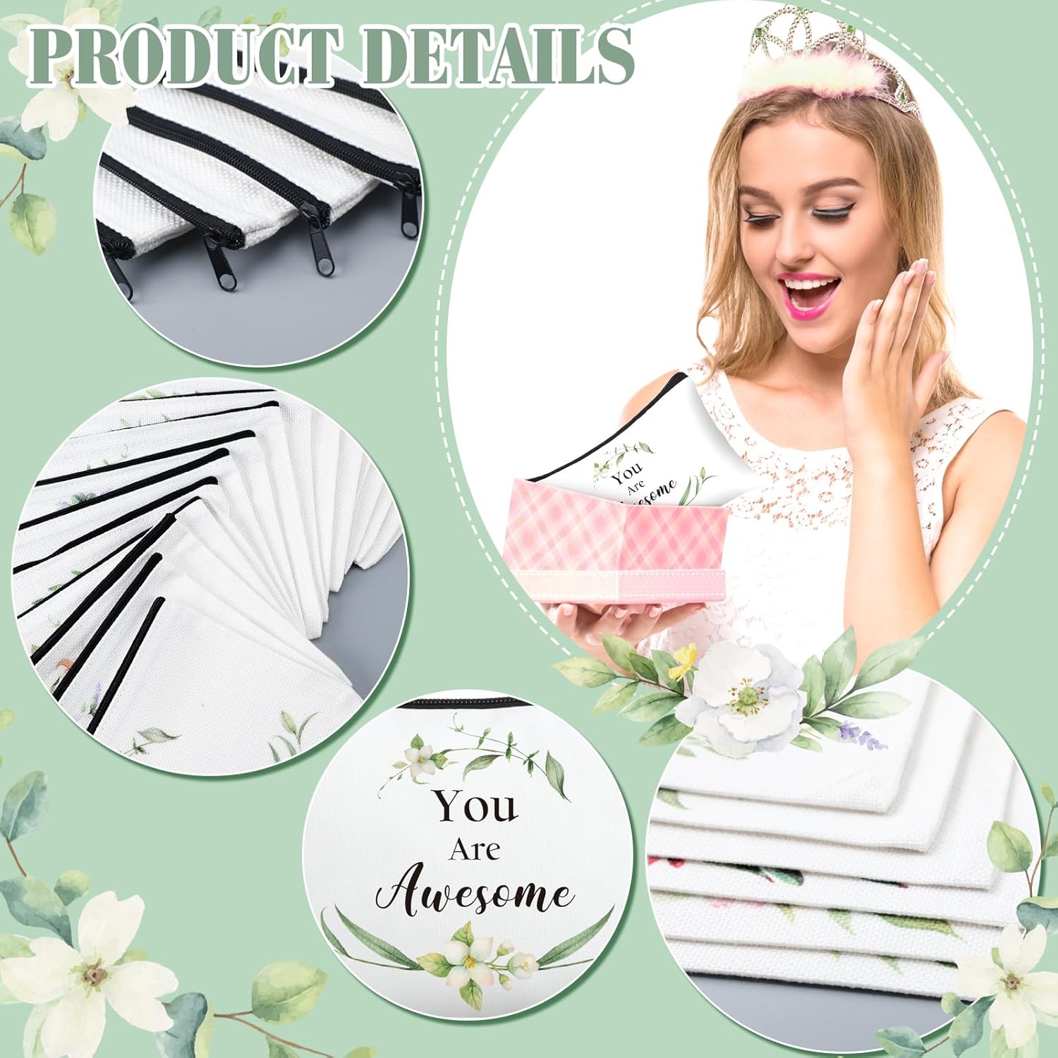 Paterr 10 Sets Valentines Gifts for Women Bulk 10 Green Leaves Inspirational Canvas Makeup Bags 10 Inspirational Quote Keychains You Are Amazing Loved Makeup Bag Employee Appreciation Gifts - Image 3