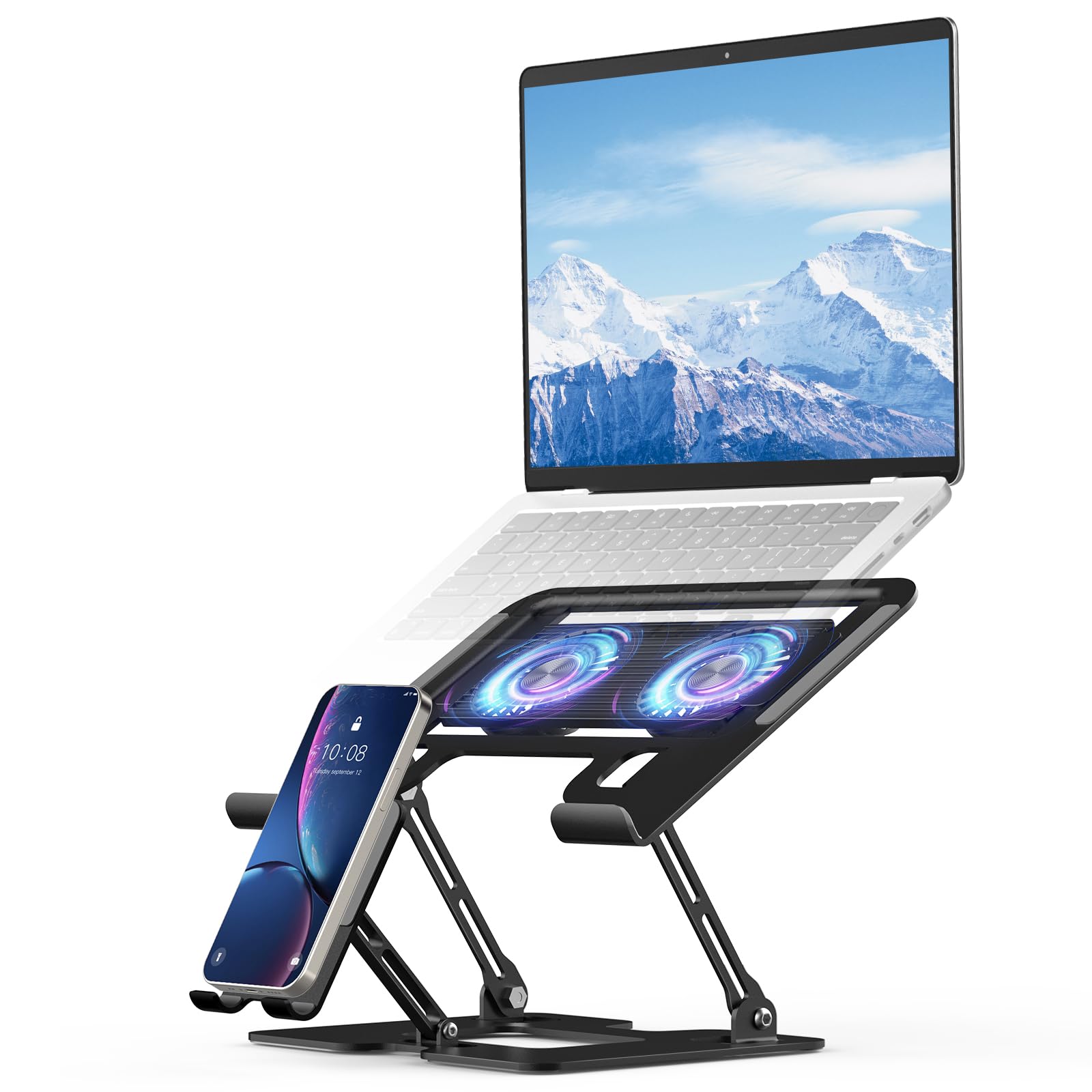 Laptop-Ständer mit Handyhalterung, Laptop-Kühlständer mit 2 abnehmbaren, leisen Lüftern und RGB-Beleuchtung, Notebook-Kühler für 10-18 Zoll Laptops, MacBook Pro, Gaming-Laptops, Tablets