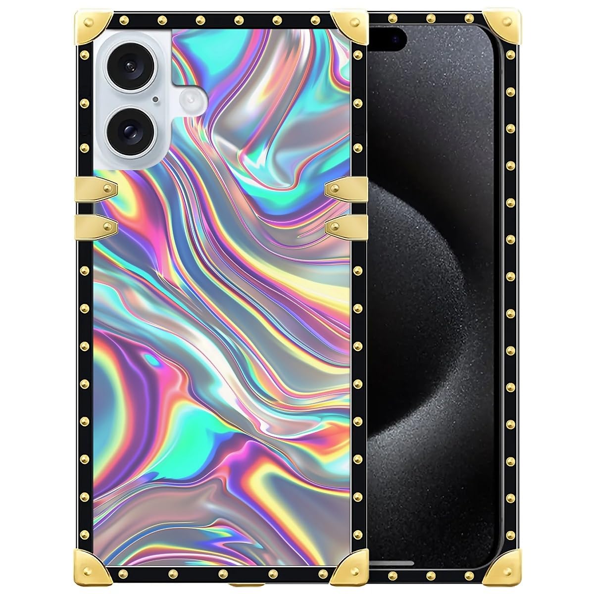 WANKBLC Compatible with iPhone 16 Plus Case, Holographic Abstract Iridescent Textures Luxury Golden Decoration for Girl Women Soft TPU Shockproof