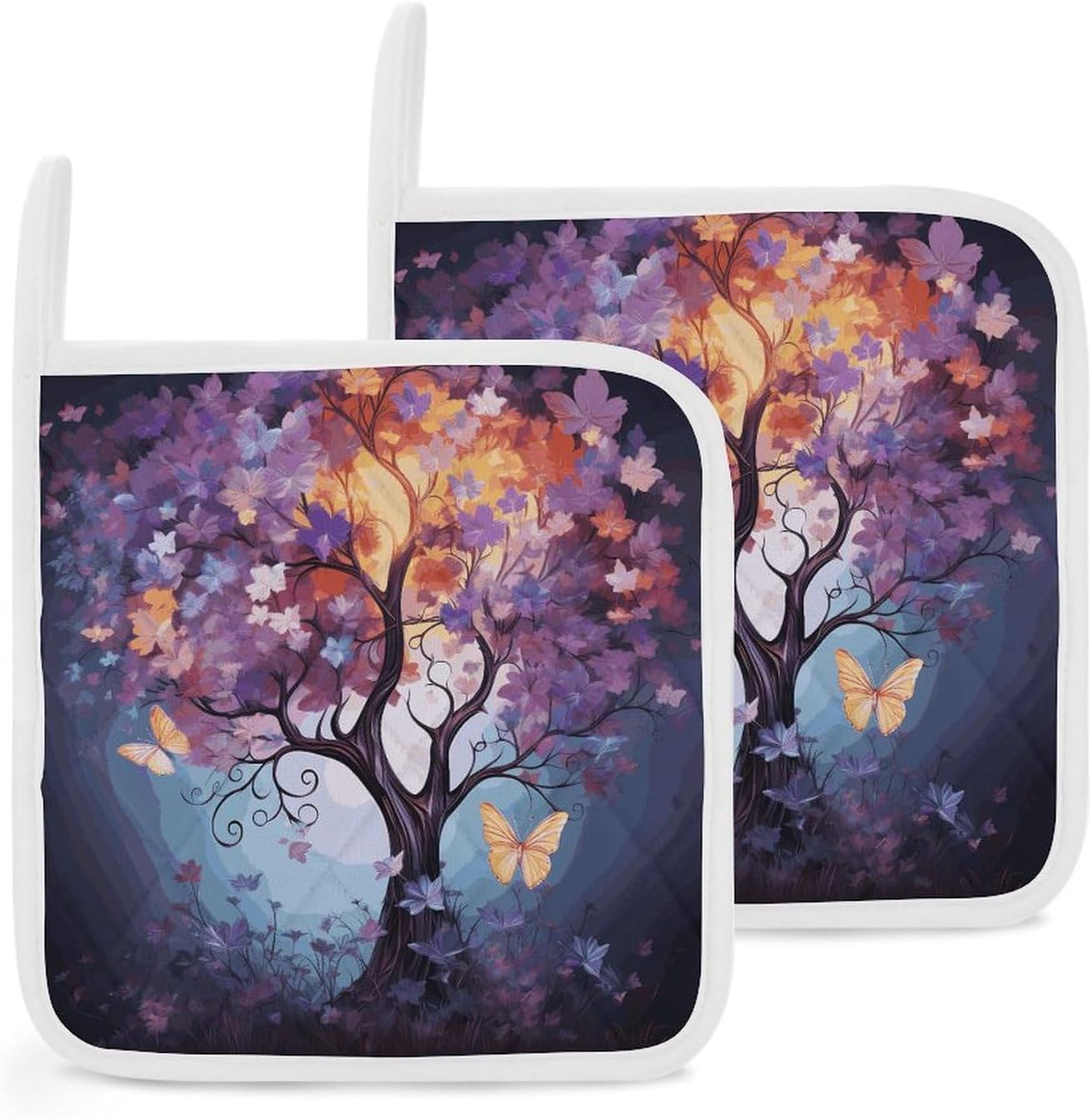 Pot Holder Set of 2 Flower Butterfly Tree Printed Potholders for Kitchens Heat Resistant & Non Slip Potholders for Kitchen Cooking Baking BBQ
