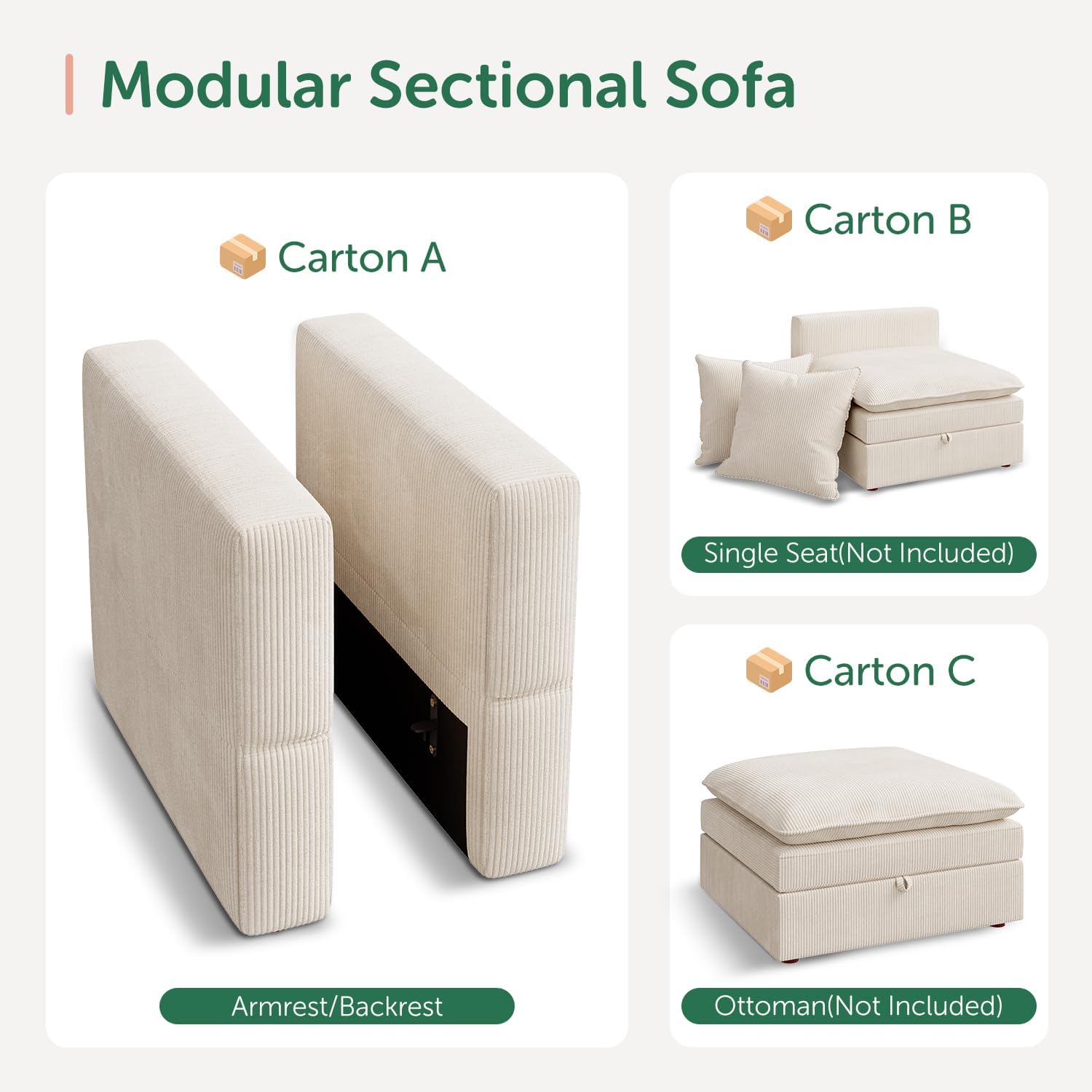 HONBAY 2PCS Armrests/Backrests Module for Modular Sectional Sofa, Beige