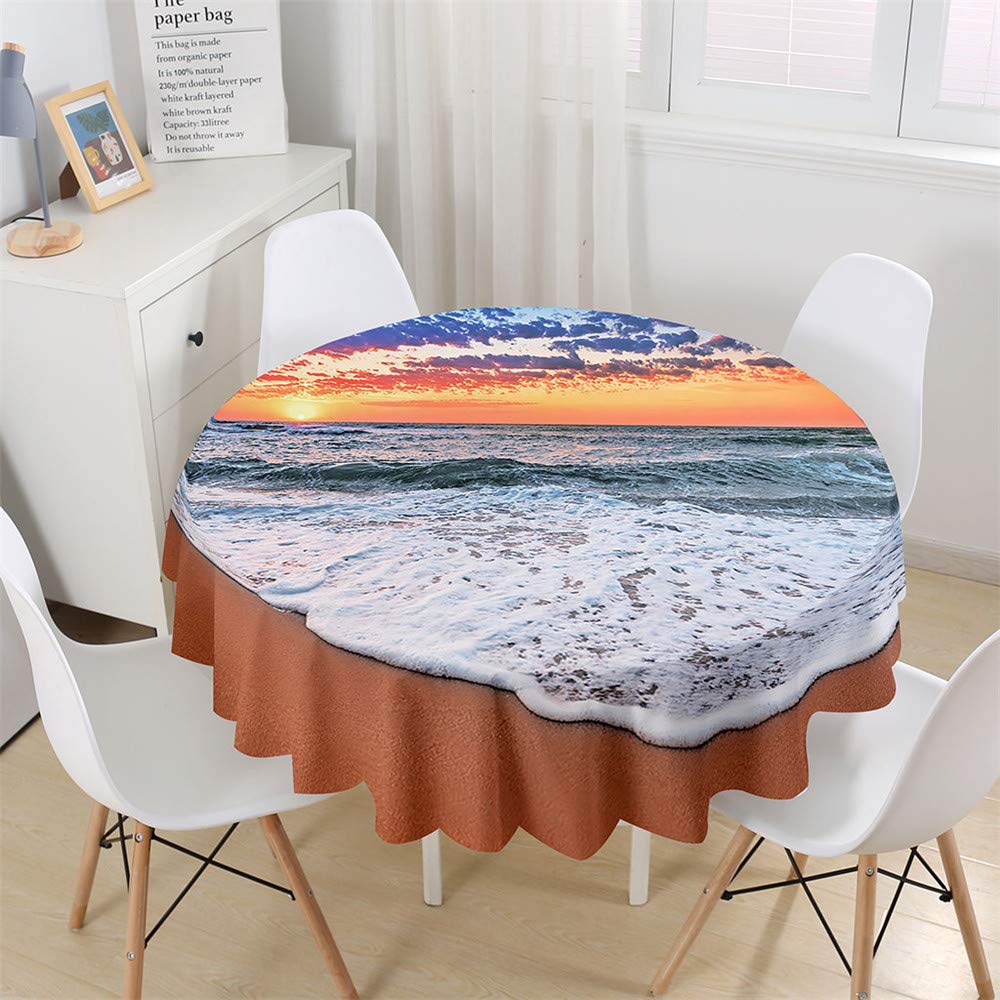 Chickwin Round Fitted Tablecloth Waterproof Dust-Proof Seaside Wave Printed Wipe Clean Polyester Table Cover, Table Protector for Kitchen Dinning Tabletop Decoration (Sunset,180cm)